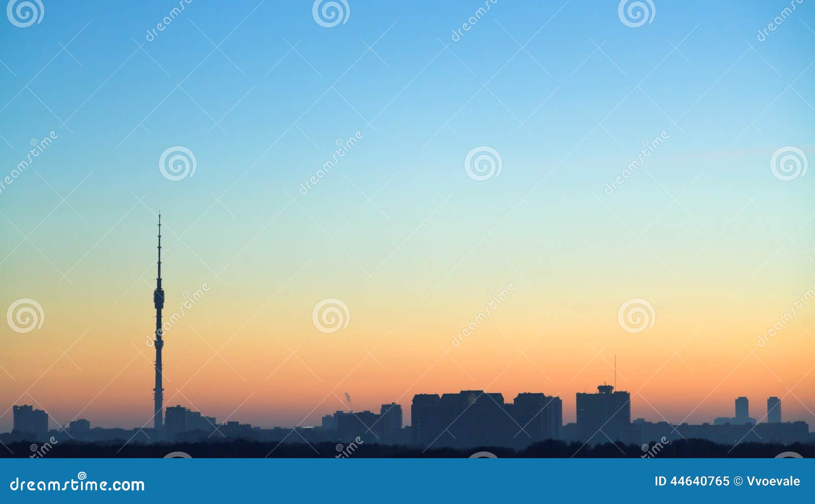 Clear blue and yellow dawning sky over city, Moscow