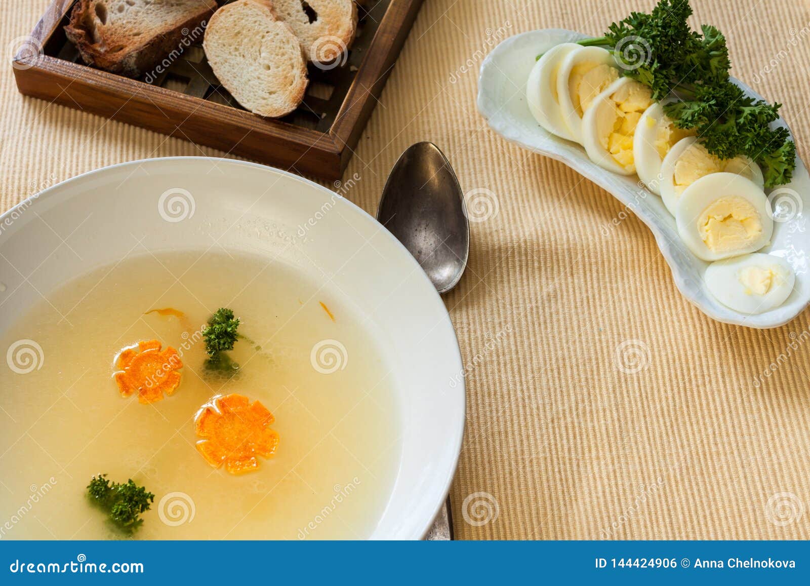 Clear Chicken Broth and Egg Stock Photo Image of vegetable, meal