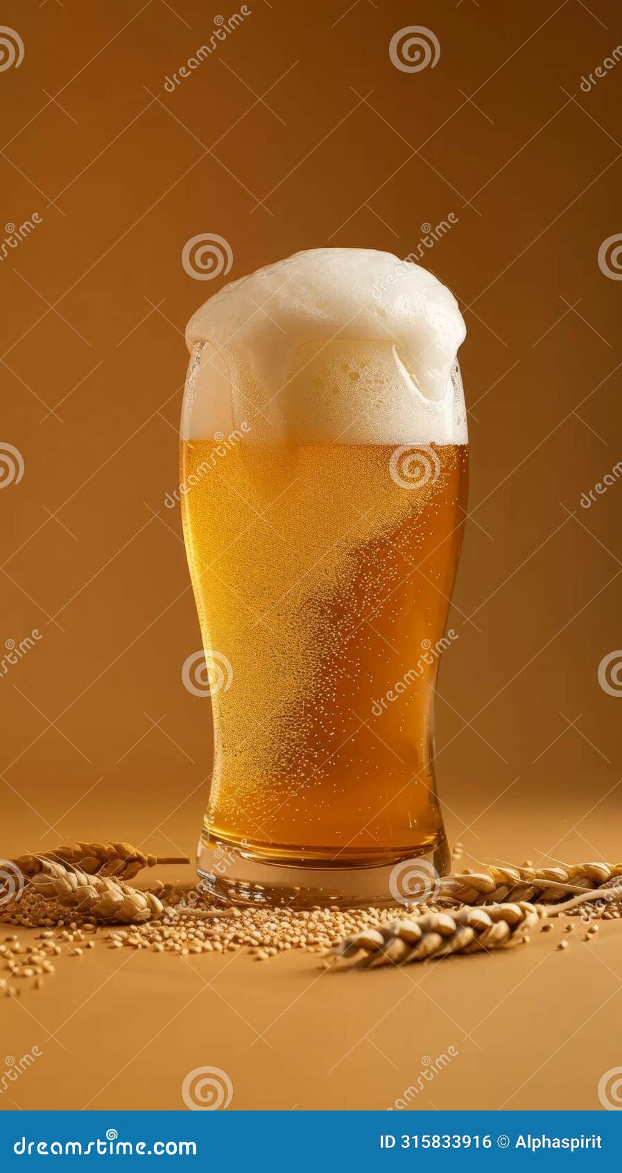 golden beer and frothy head in a clear glass, with scattered barley grains on an amber background