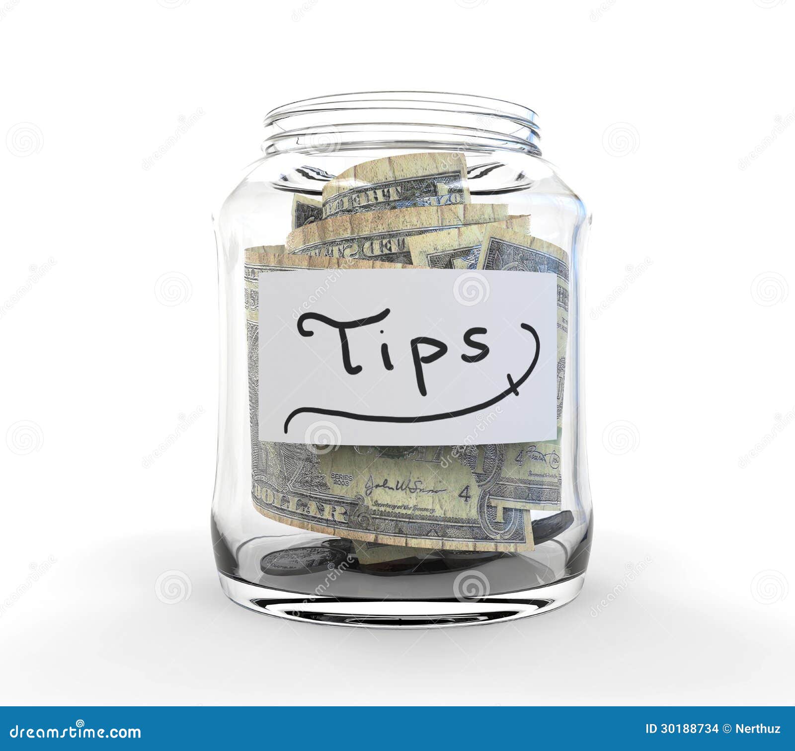clear glass jar for tips with coins and bills