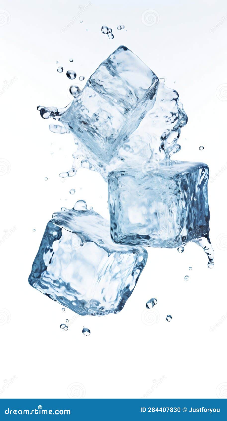 Clear Ice Cube in Water Splashes Isolated on White Background Stock
