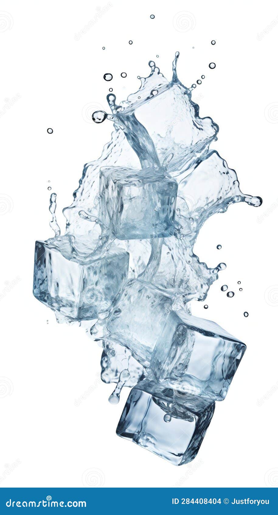 Clear Ice Cube in Water Splashes Isolated on White Background Stock