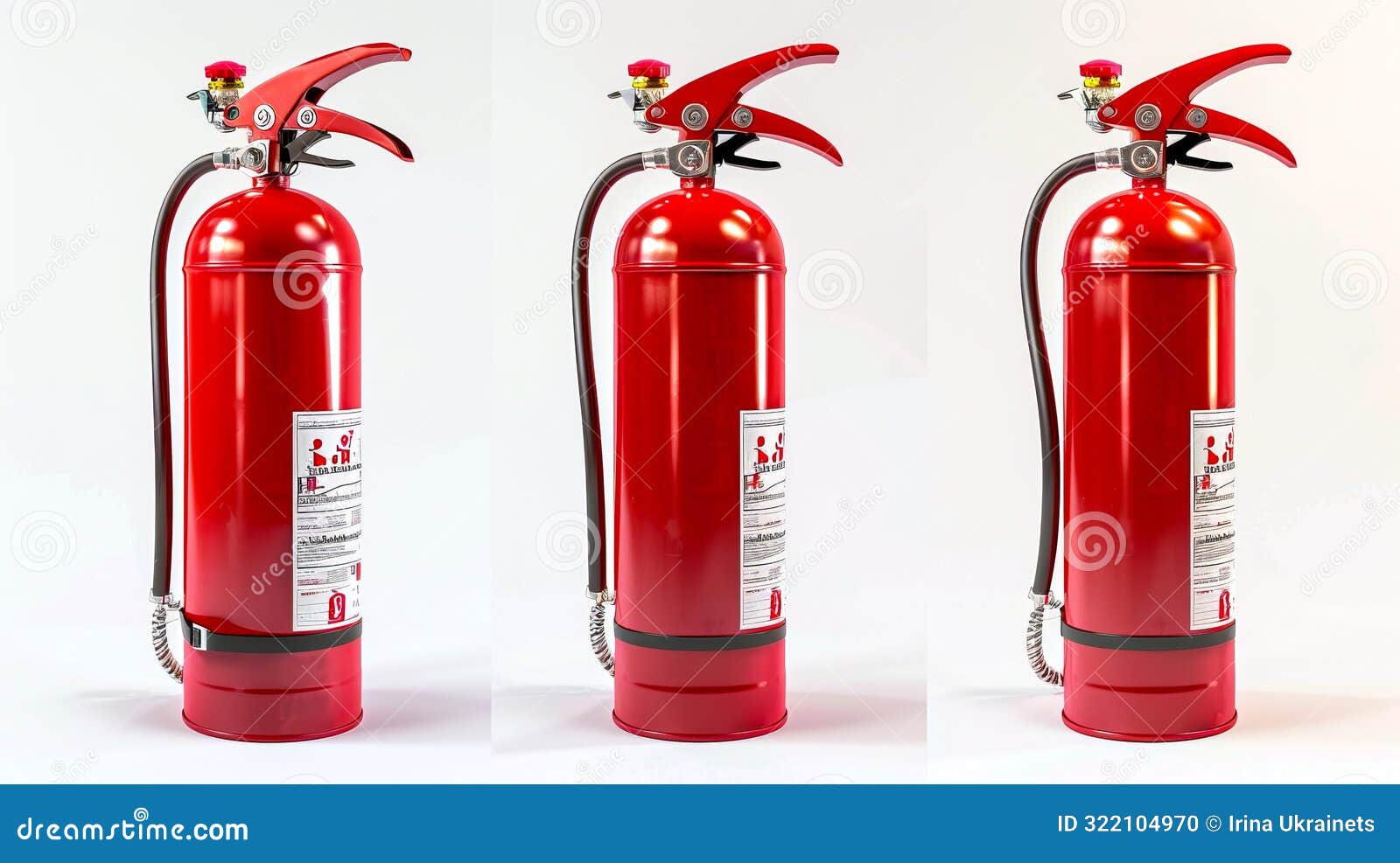three red fire extinguishers aligned in a row on a white background. perfect for safety, emergency, or industrial
