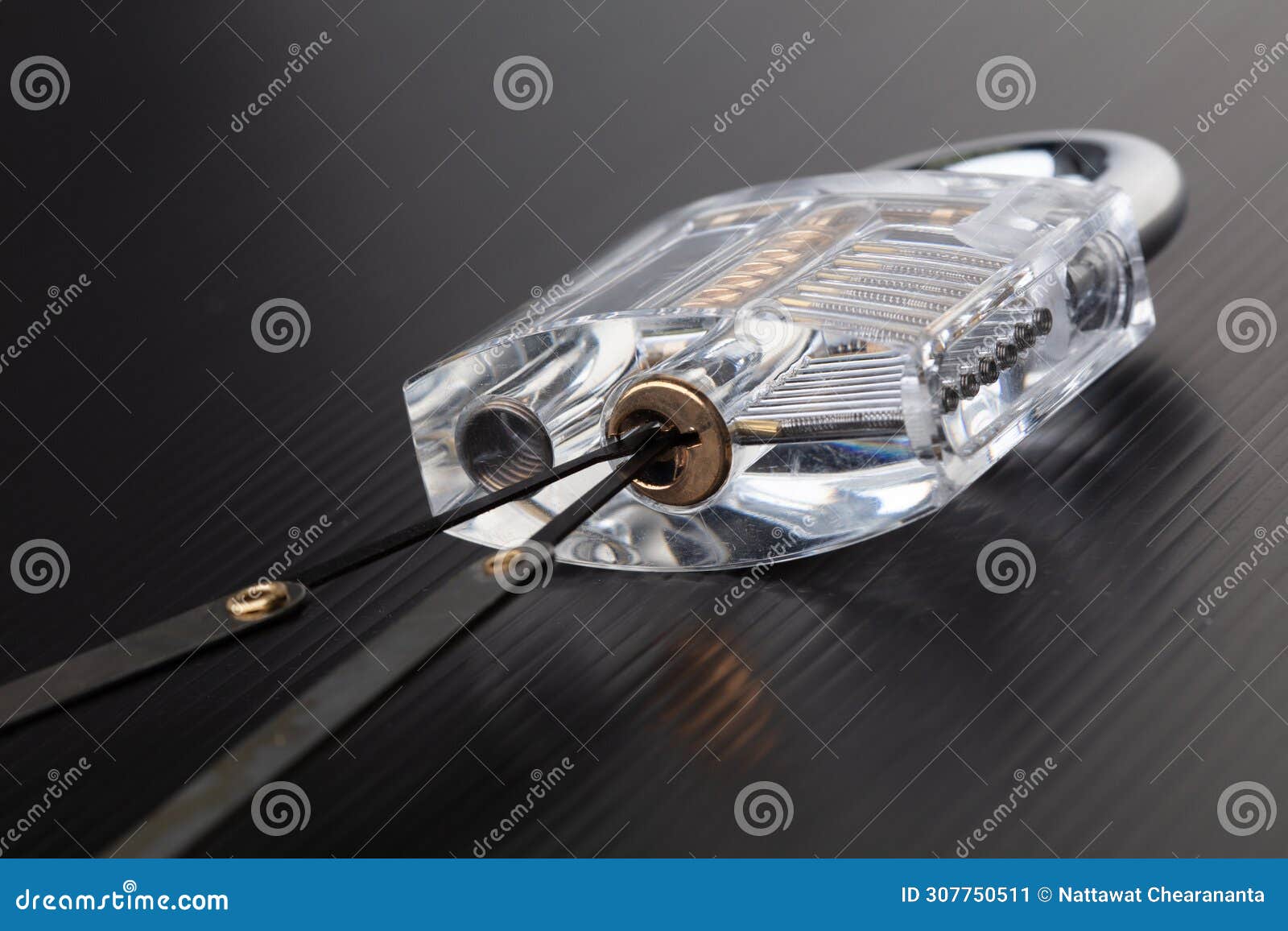 clear lock device over black background to show mechanic inside lock. many lock pick tool to unlock key of door window vehicle for