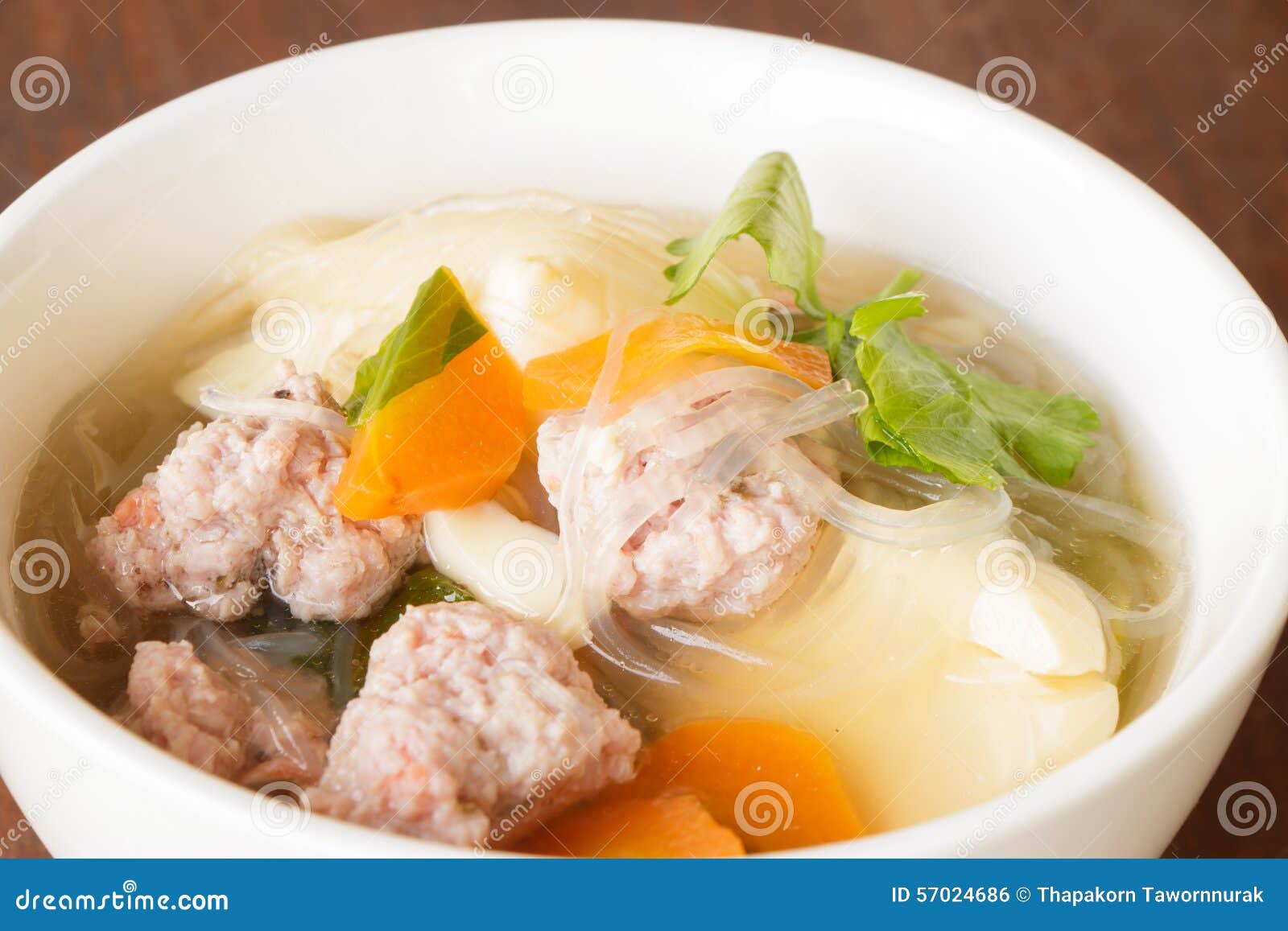 Clear Soup With Pork In White Plate Put On Wooden Background, Stock ...