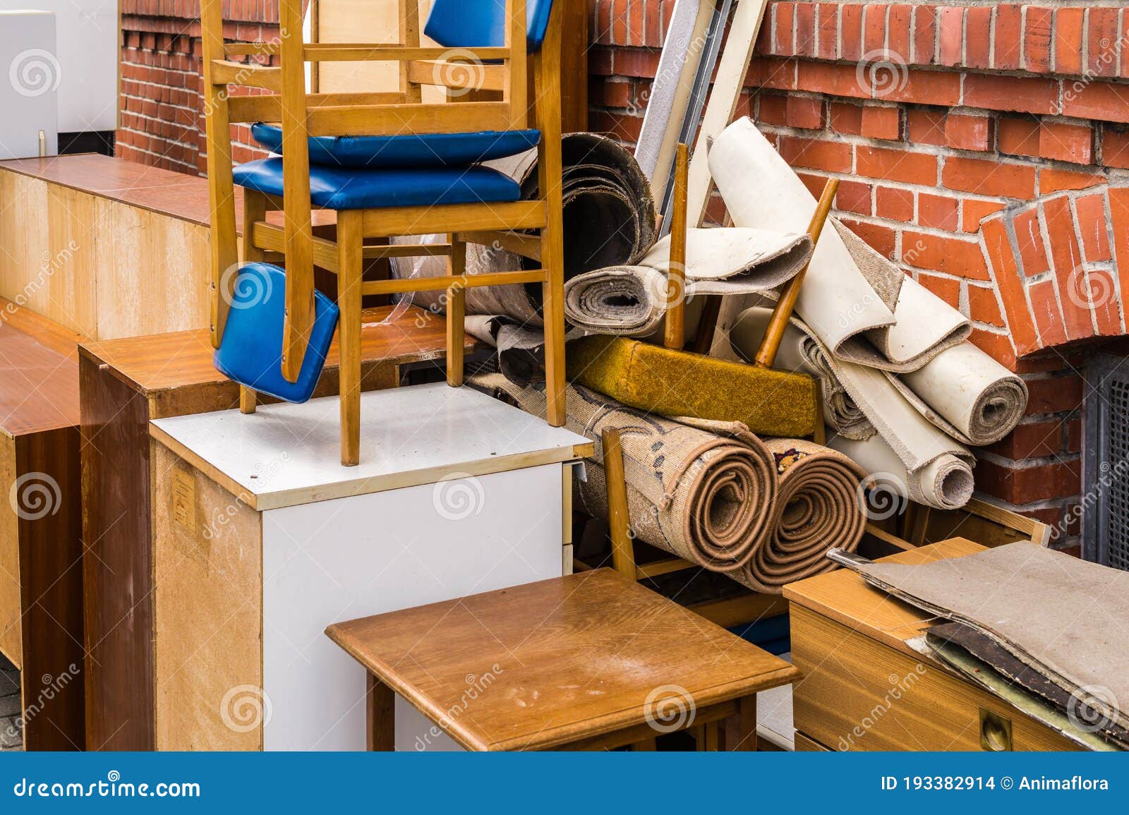 Bulky Waste On The Street. Broken Beds, Garbage Furniture On Pavement