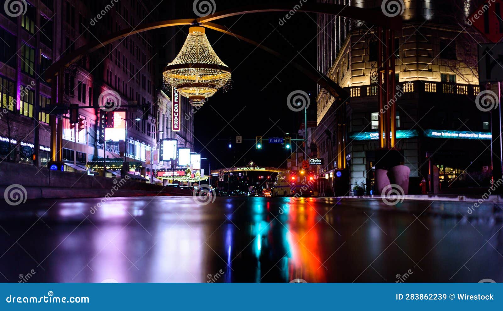 Cleveland Downtown Surrounded by Neon Lights at Night in Ohio Editorial