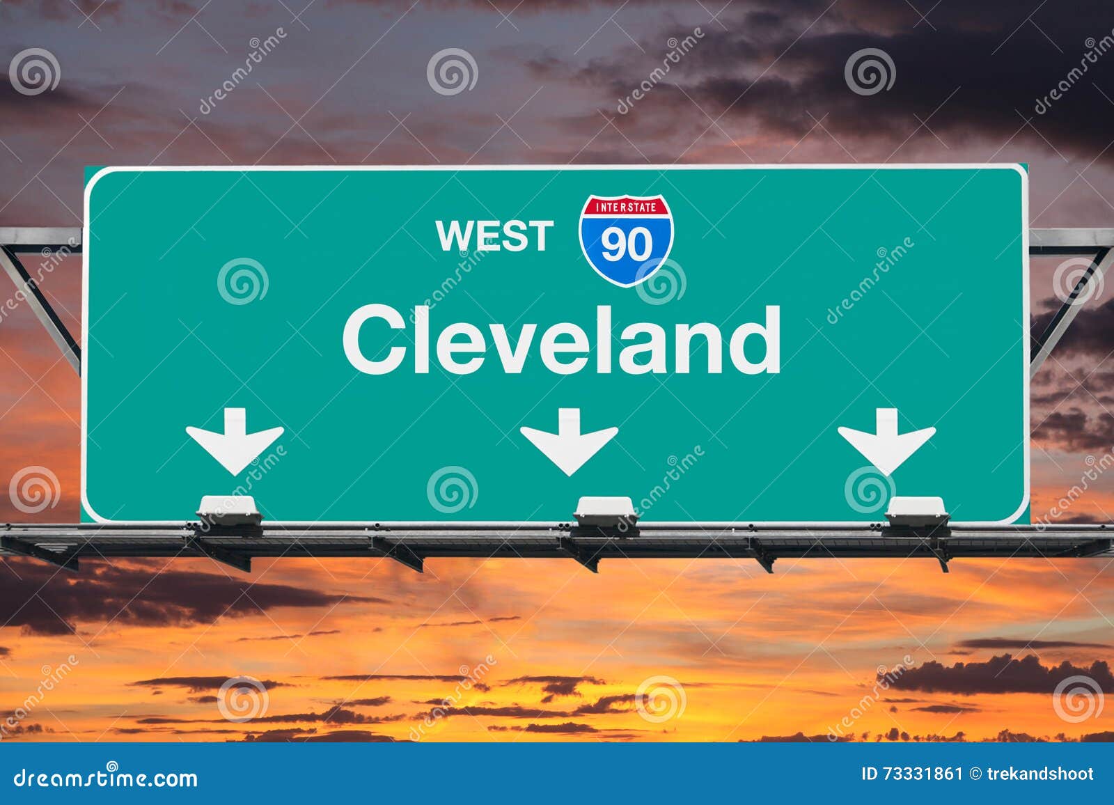 Cleveland Interstate 90 West Highway Sign with Sunrise Sky Stock Image