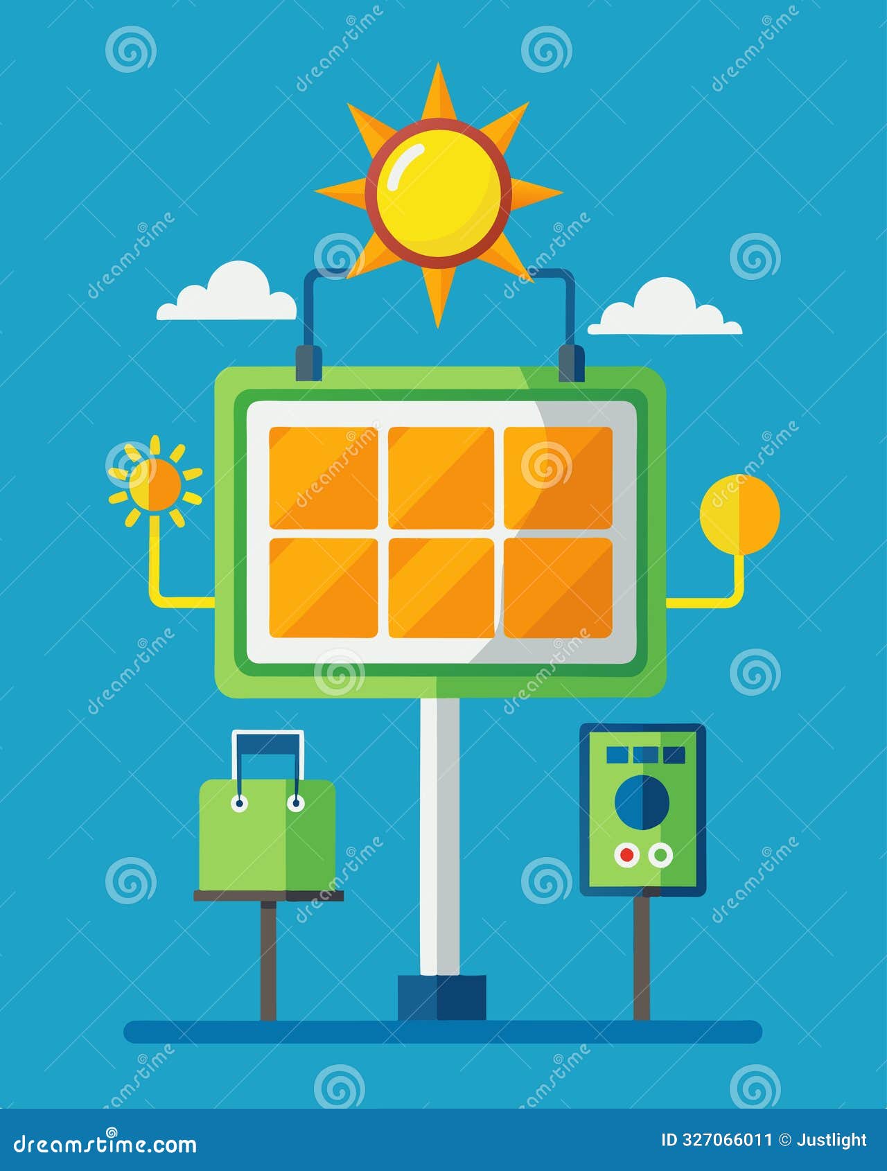 a clever billboard showing a sund battery charging up different devices illustrating the use of solar power