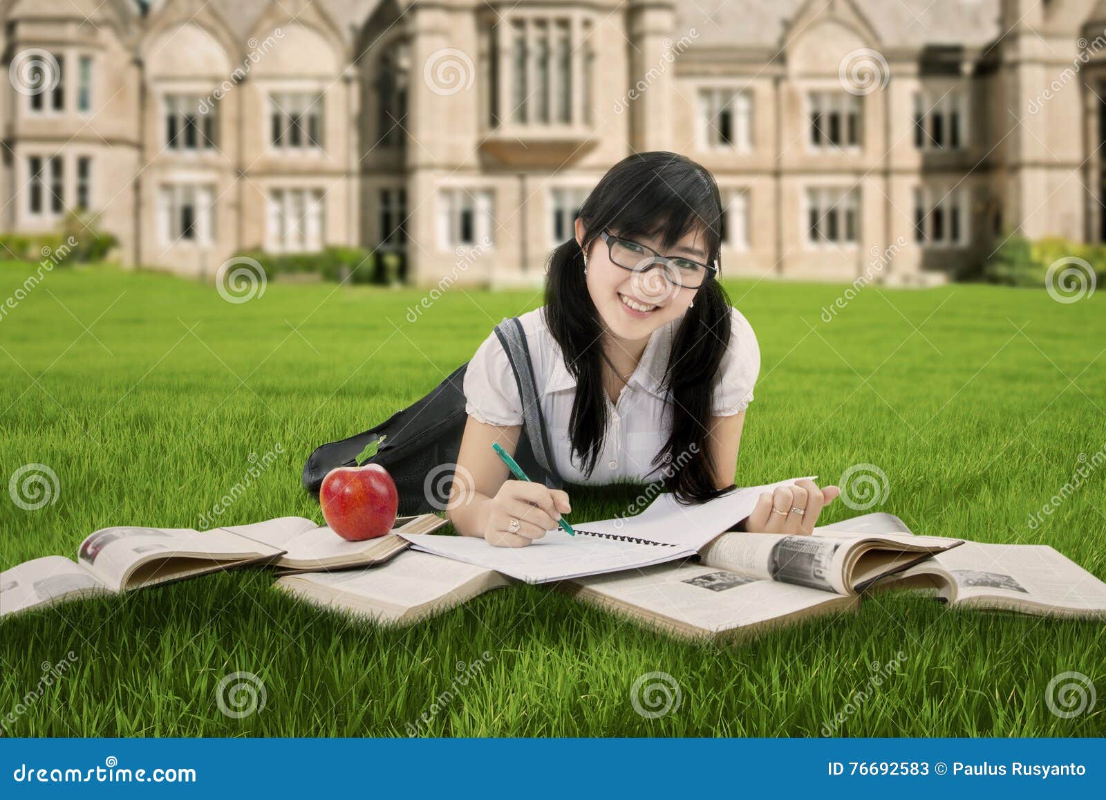 Clever Chinese Student Learns At Park Stock Image - Image of happy, green: 76692583