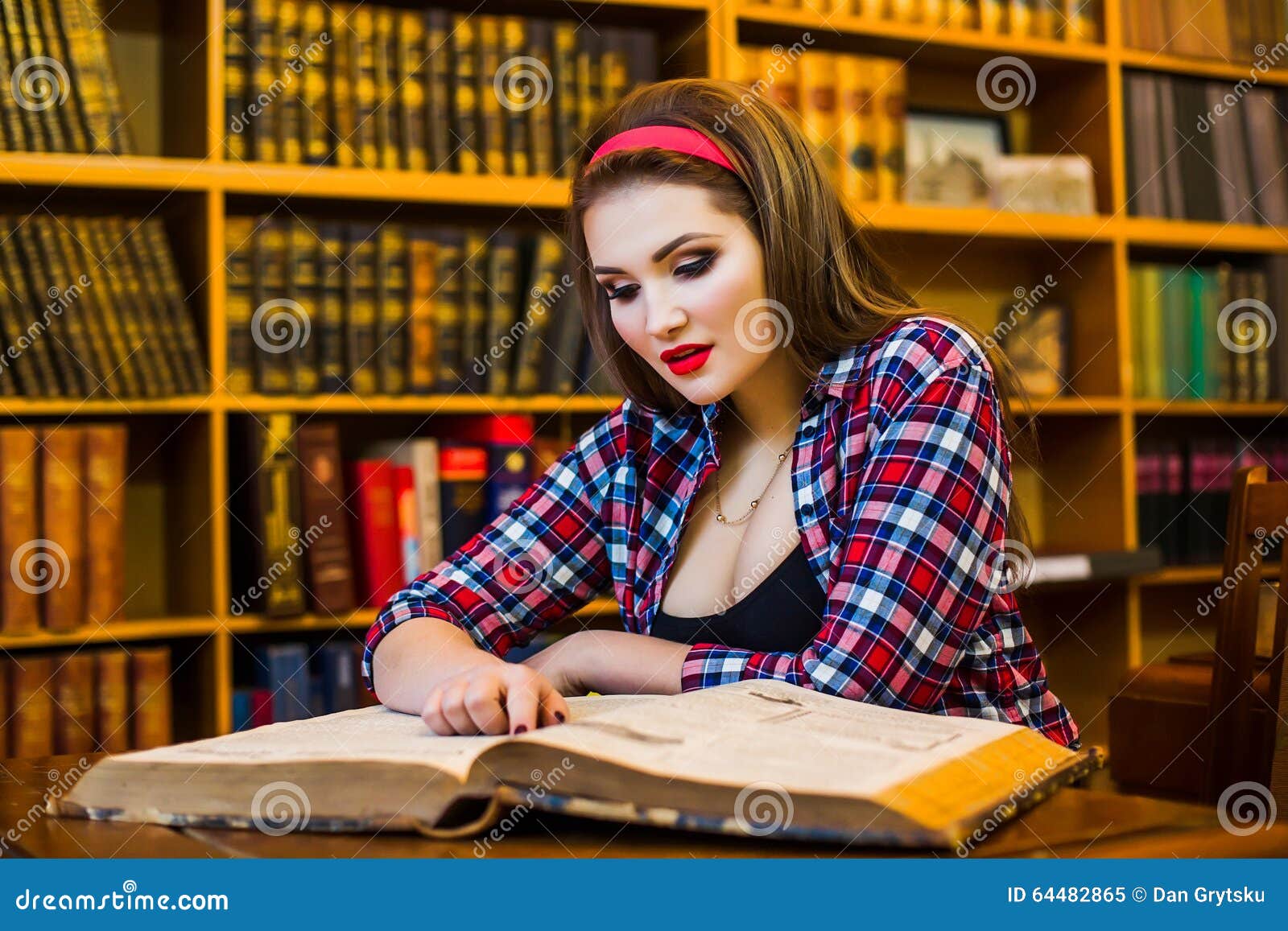 Clever Female Student Girl Sitting In Library With Books. Stock Image - Image of blue ...