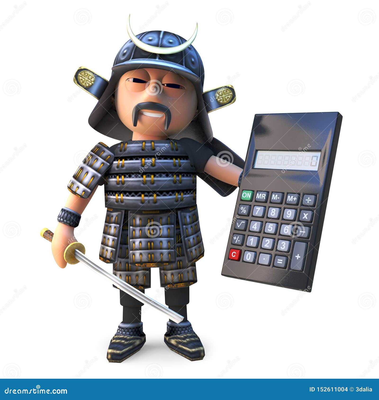 Clever Japanese Samurai Warrior Using a Digital Calculator, 3d
