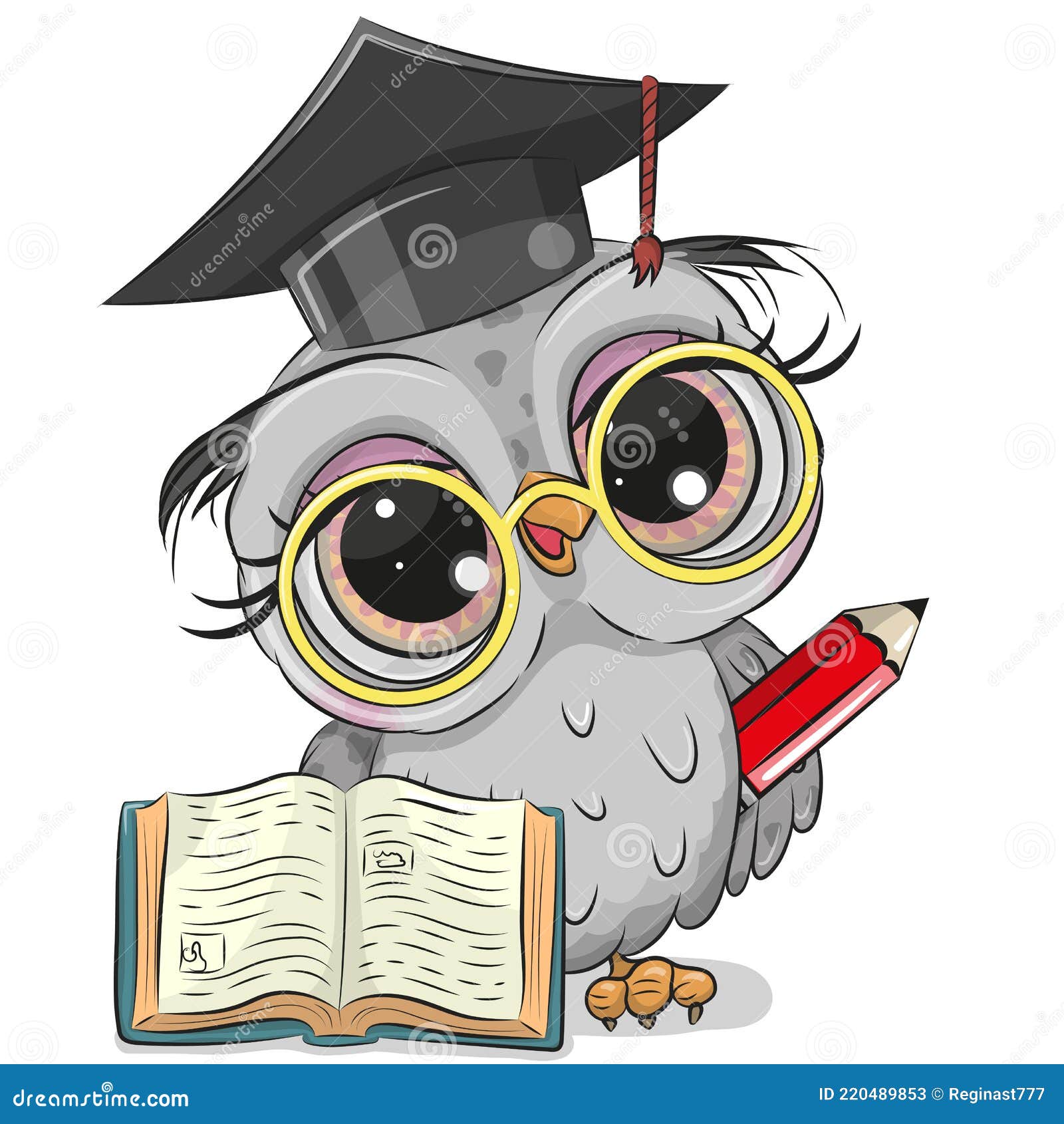 clever owl with pencil, book and in graduation cap