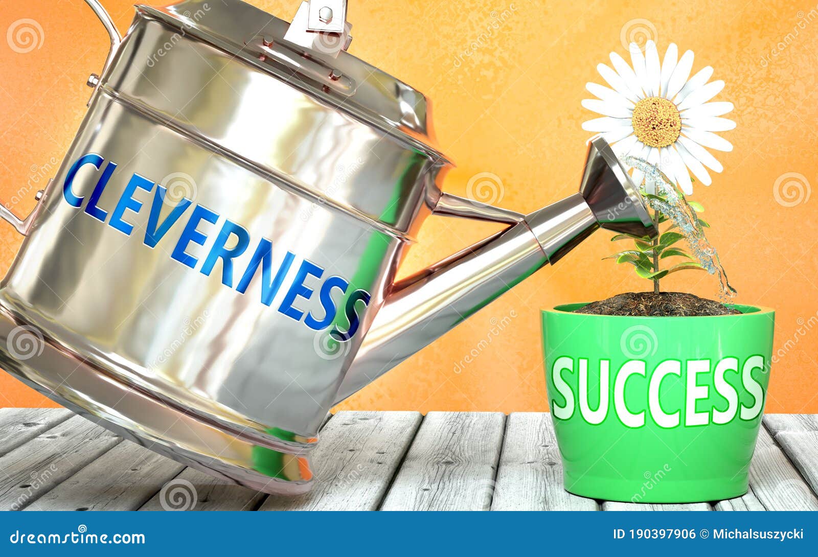 cleverness helps achieving success - pictured as word cleverness on a watering can to ize that cleverness makes success grow
