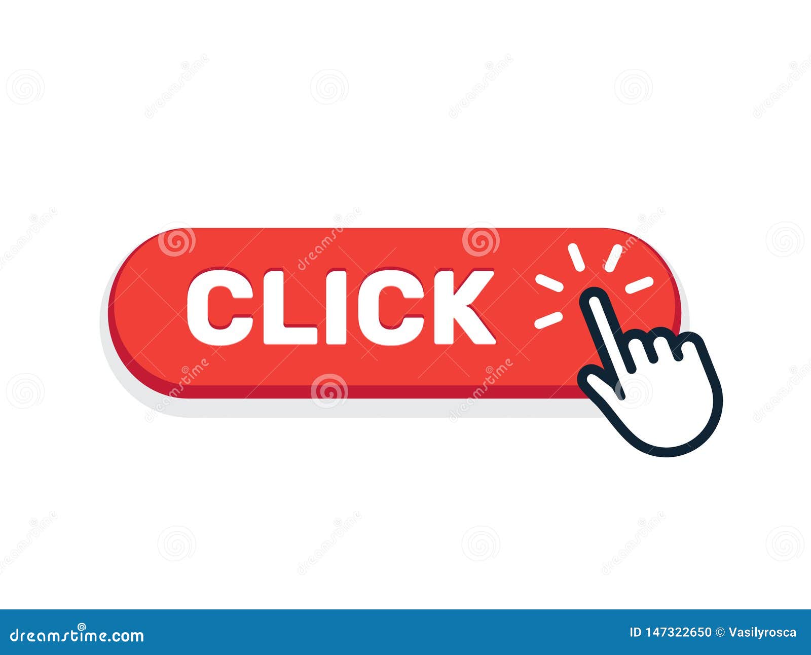 Click here button with hand pointer clicking. Click here web button.  Isolated website buy or register bar icon with hand finger clicking cursor  – for stock vector Stock Vector