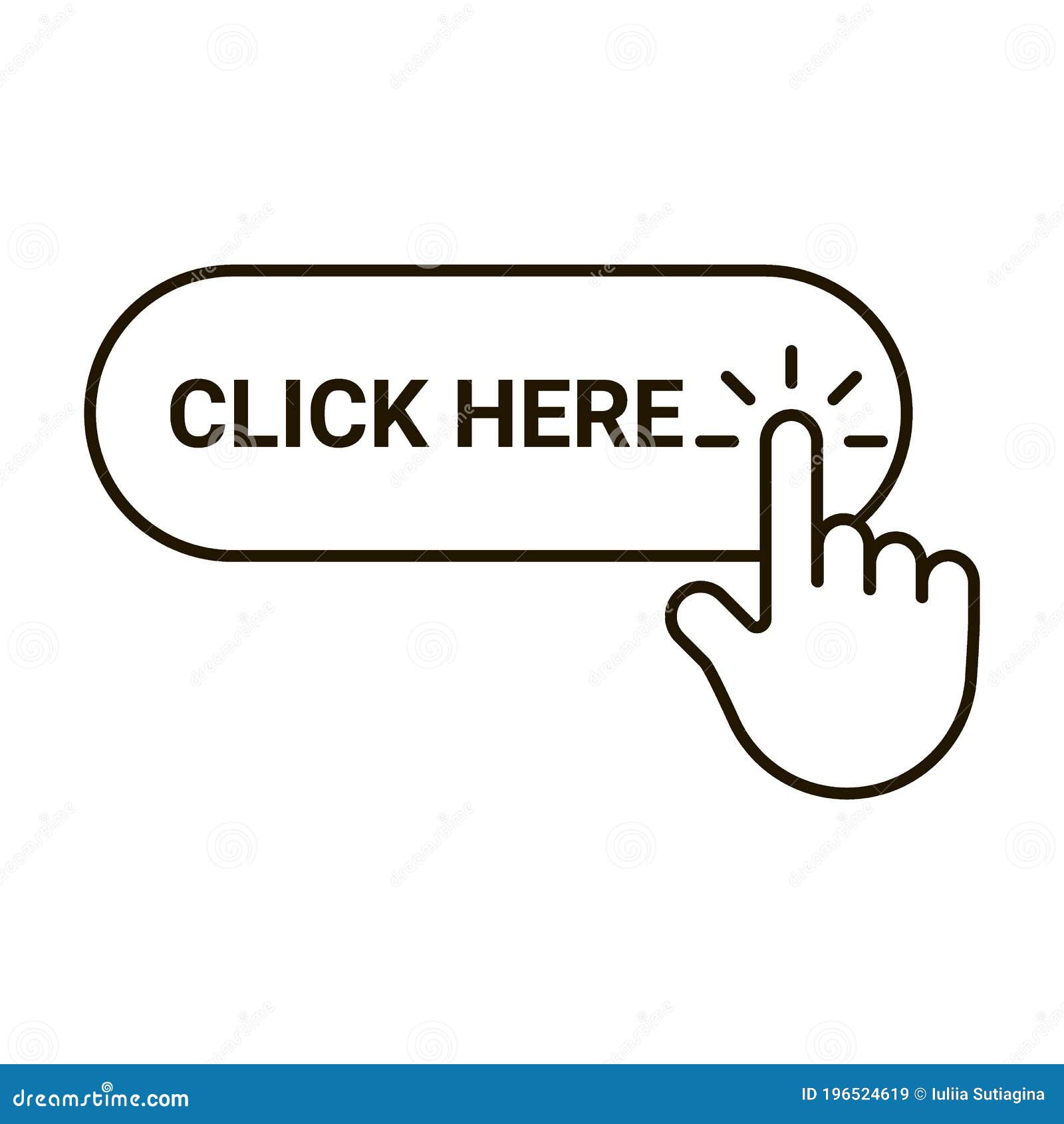 Click here button with hand pointer clicking. Click here web button.  Isolated website buy or register bar icon with hand finger clicking cursor  – for stock vector Stock Vector