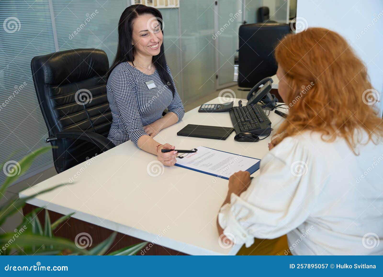 Client Communicates with Consultant of Car Dealership at the Desk Stock