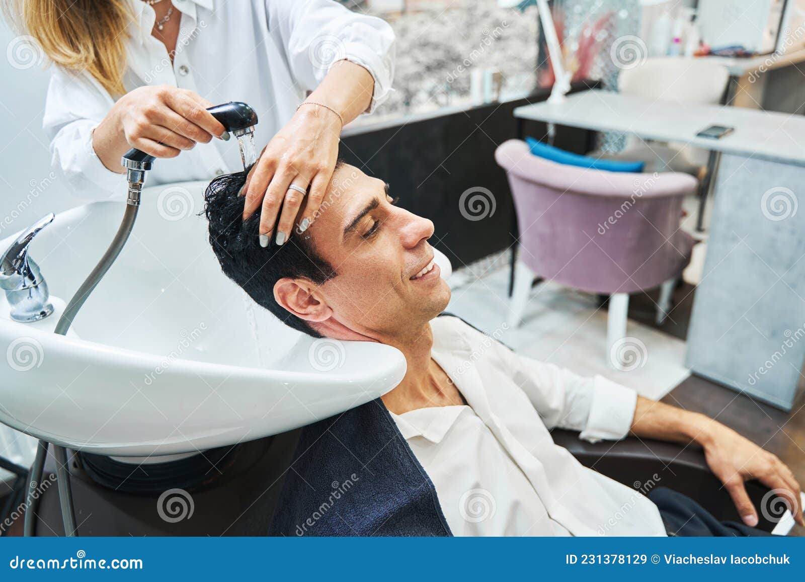 Client Enjoying Hair Washing in Beauty Salon Sink Stock Image - Image of  barbershop, lifestyle: 231378129