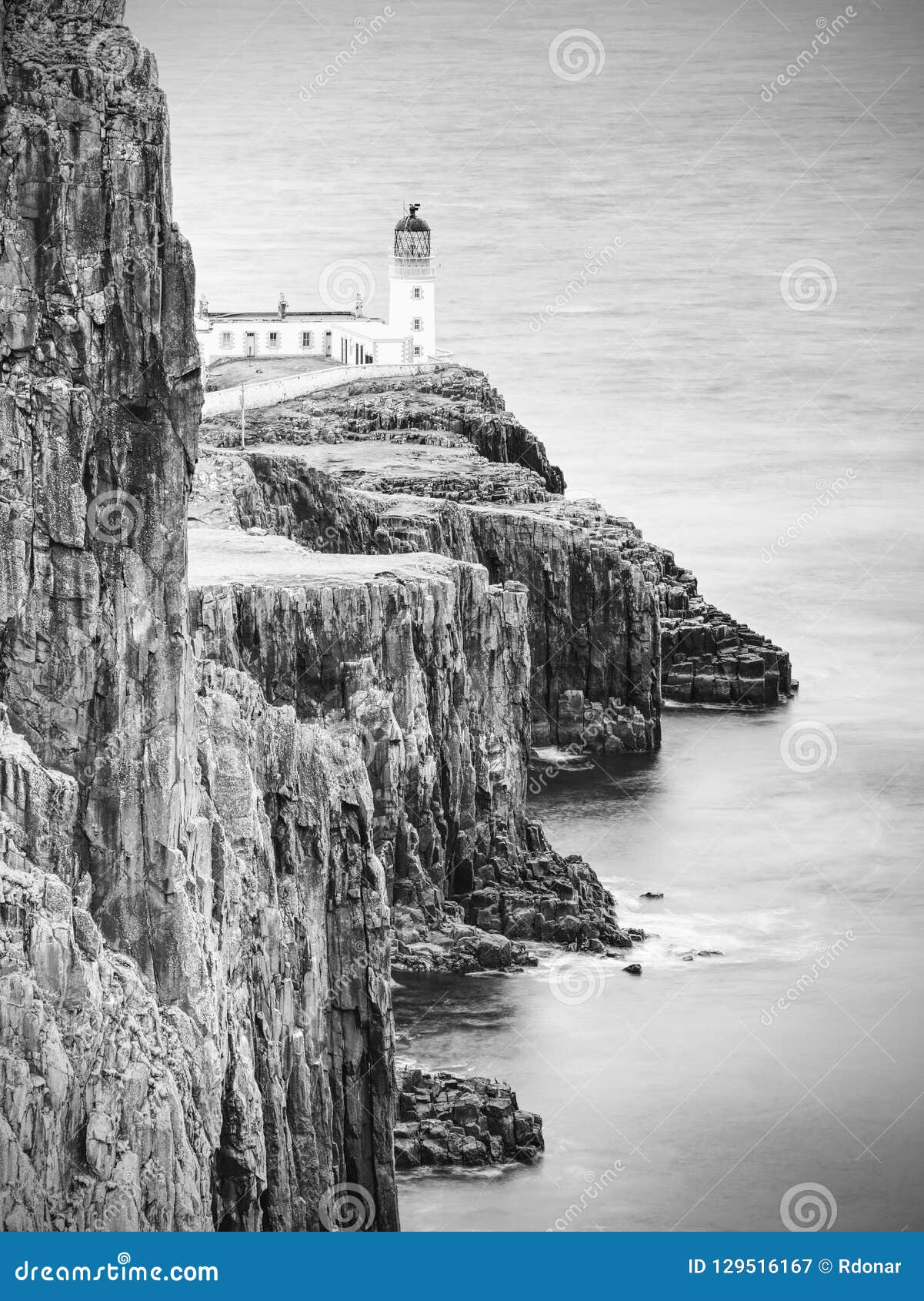 Cliffs of Neist Point Cape and Lighthouse in Black and White. Stock ...