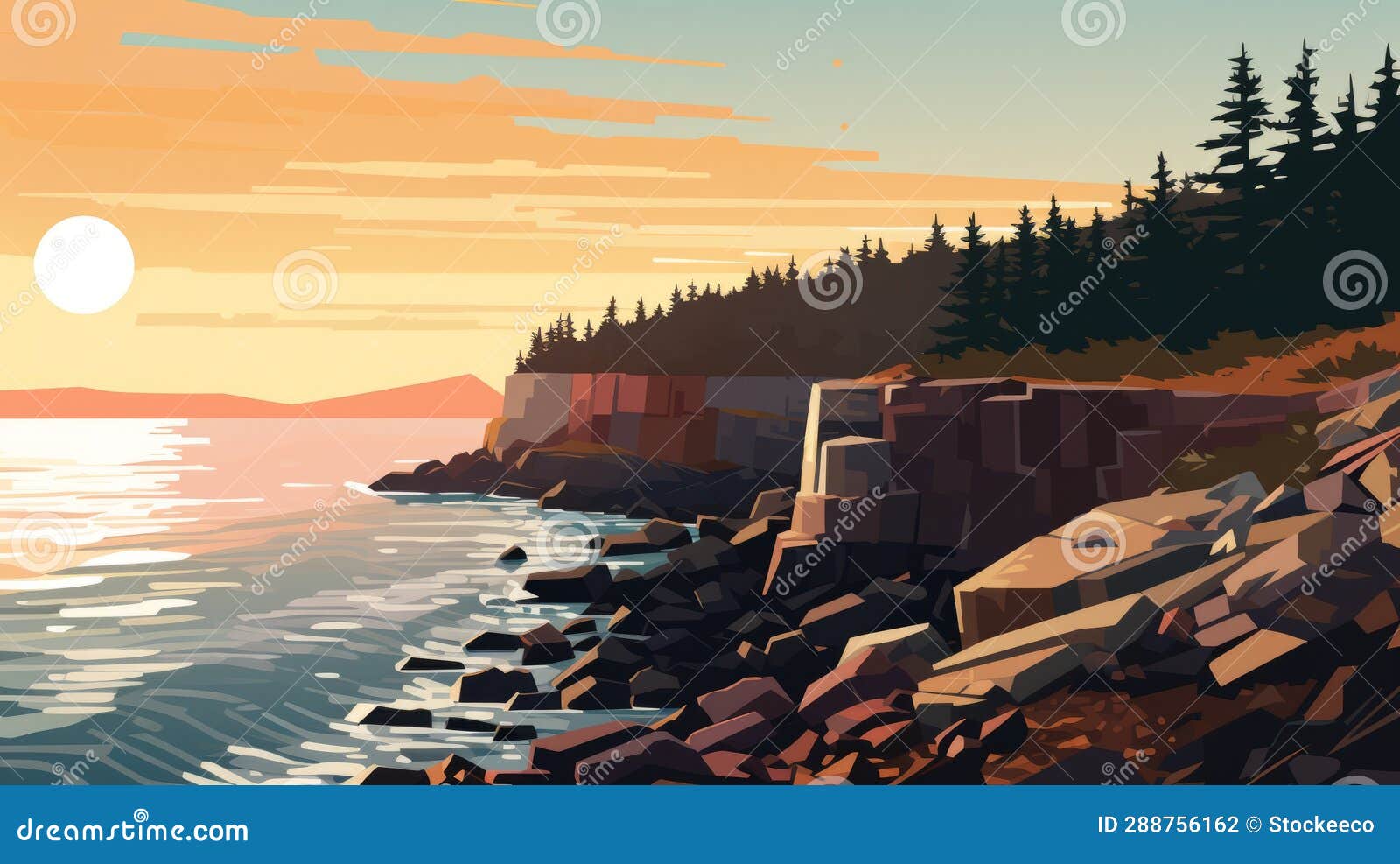 Lofi Design: Sunset Over Rocky Acadia National Park Landscape Stock ...