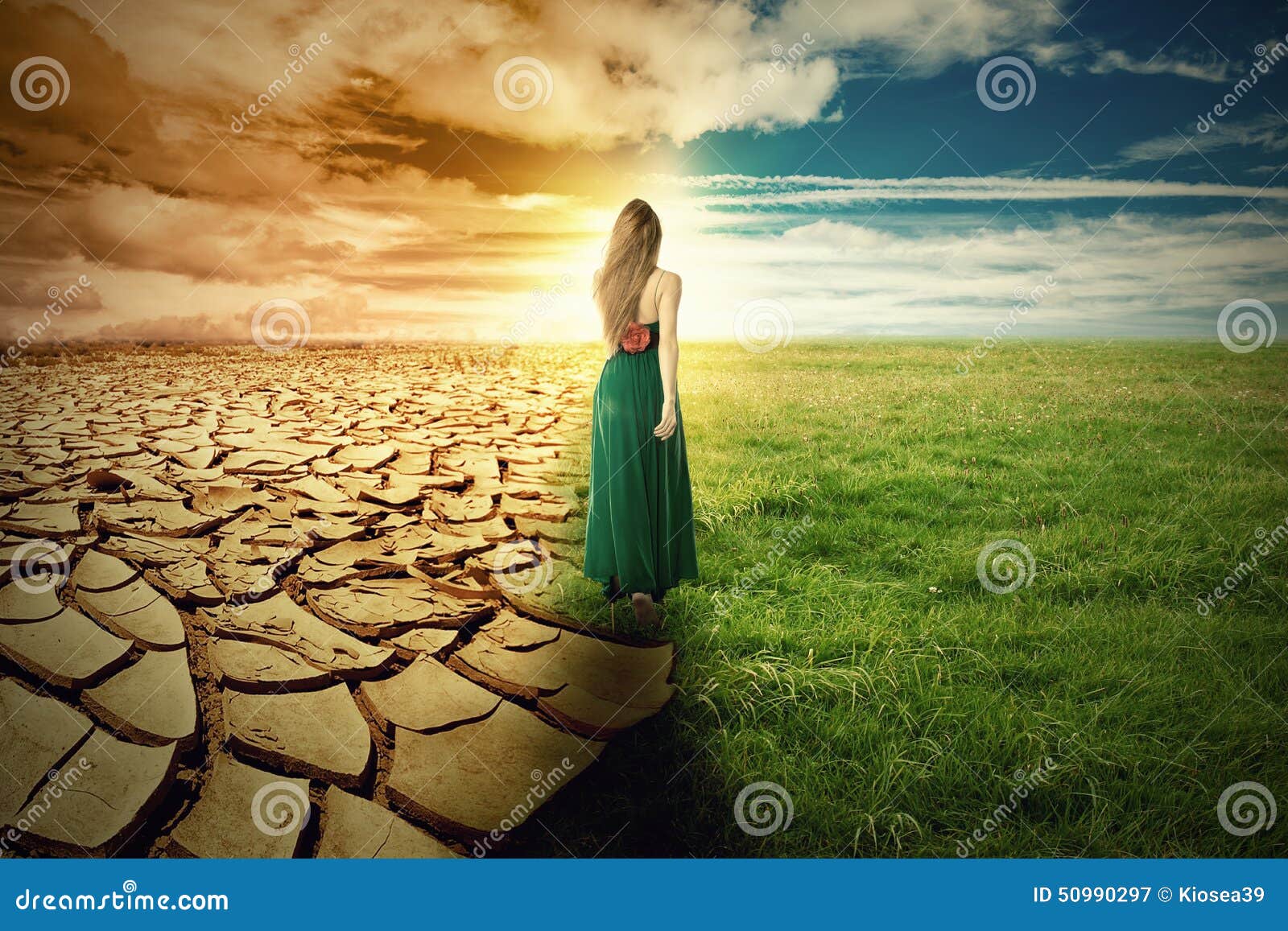 a climate change concept image. landscape green grass and drought land