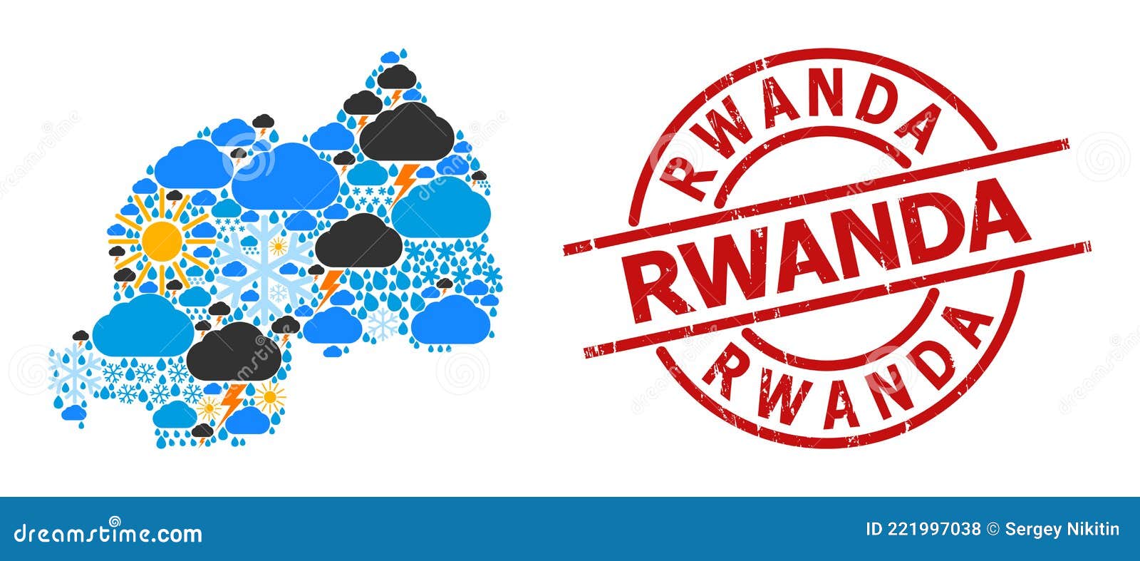 Climate Mosaic Map of Rwanda and Scratched Seal Stock Vector
