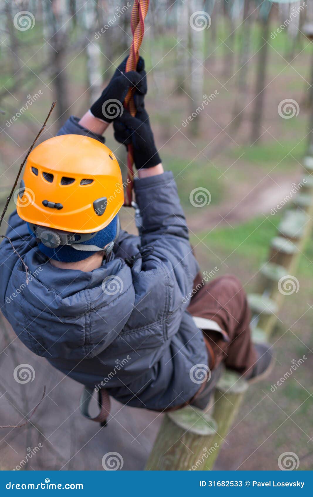 Climber Walks on Logs Holding Safety Rope Stock Image Image of body