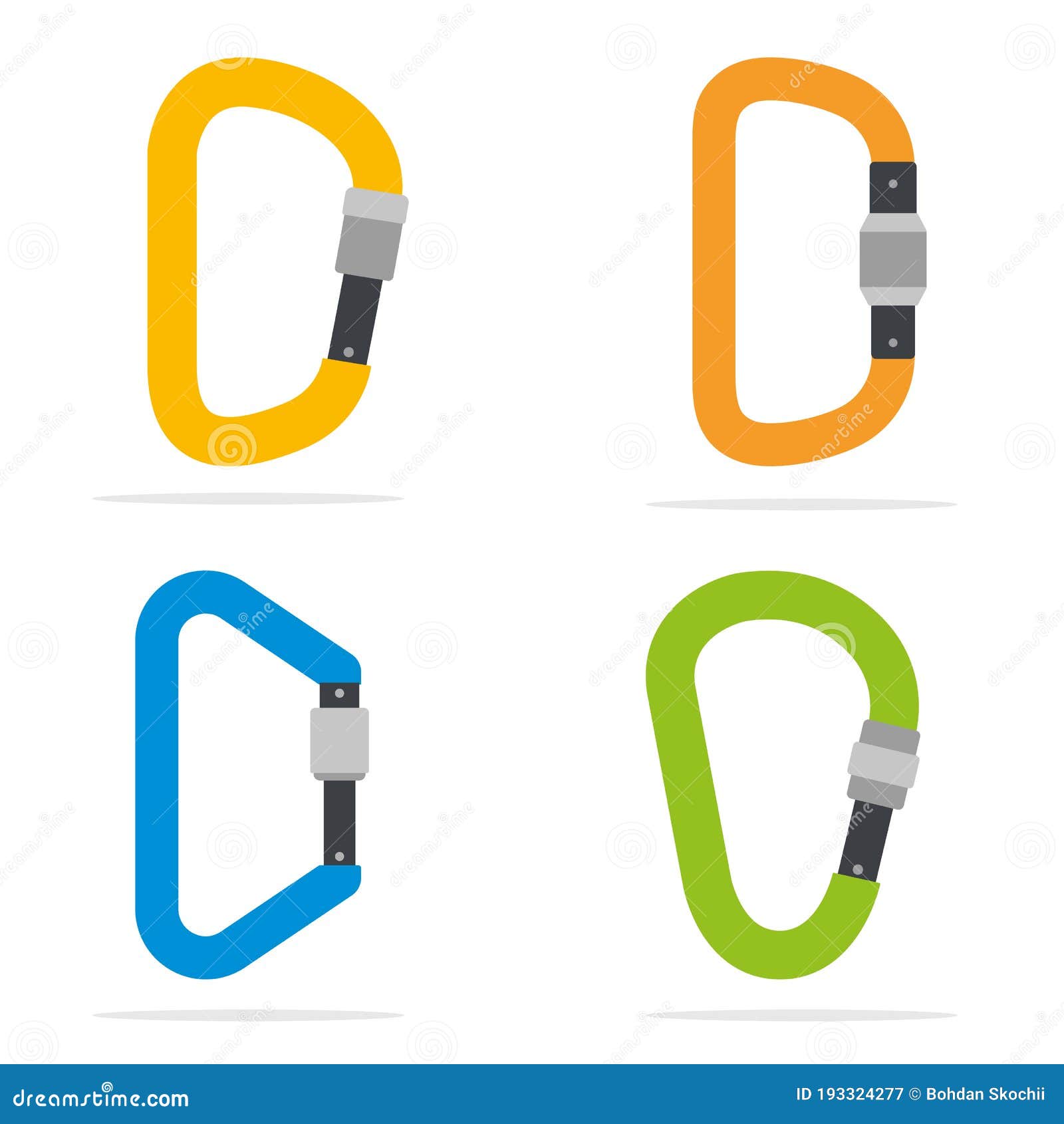 climbing carabines set. oval, offset-d, d-d and pear-d types.  flat 
