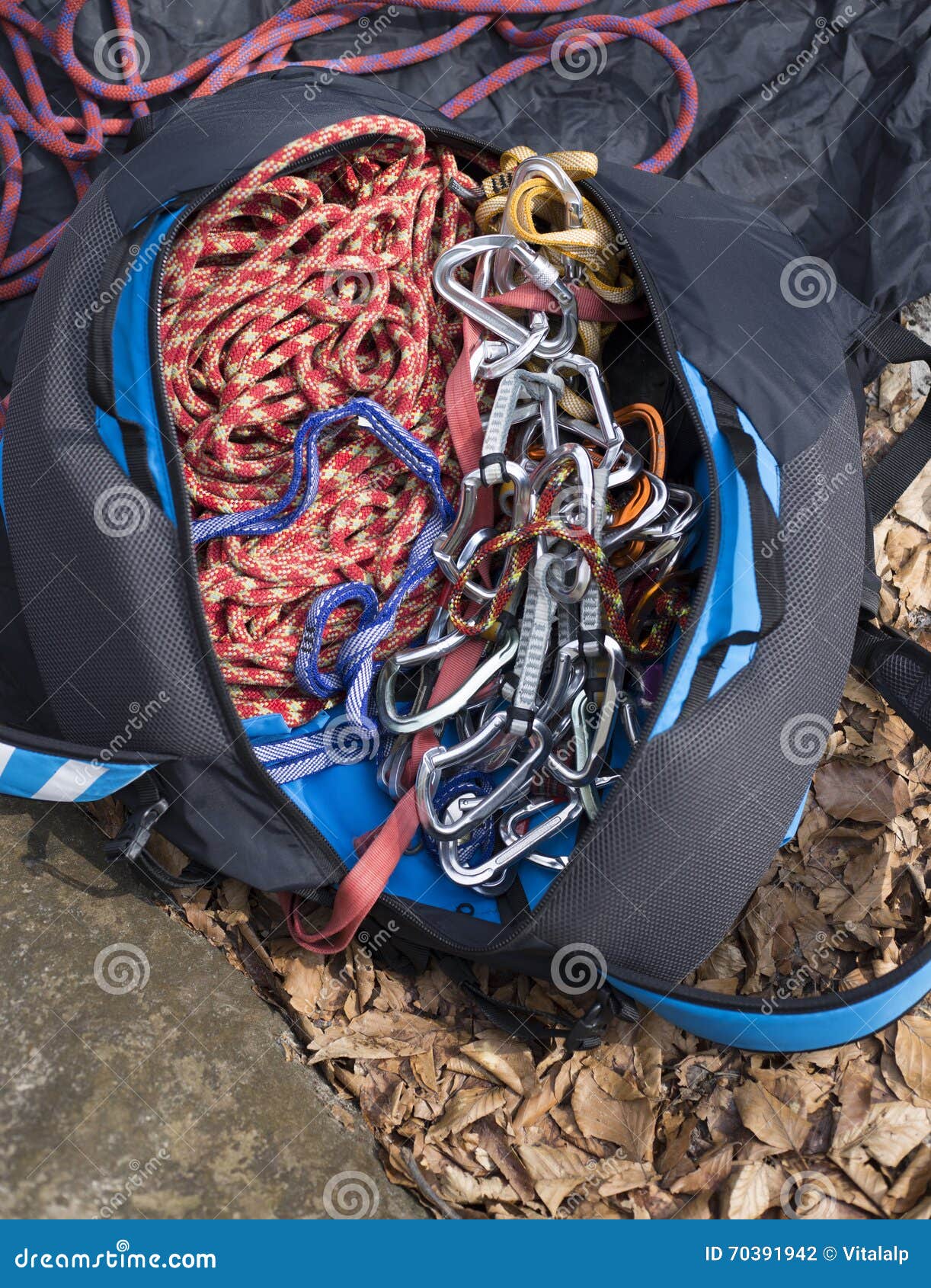 Climbing gear in a bag. stock photo. Image of risk, helmet 70391942