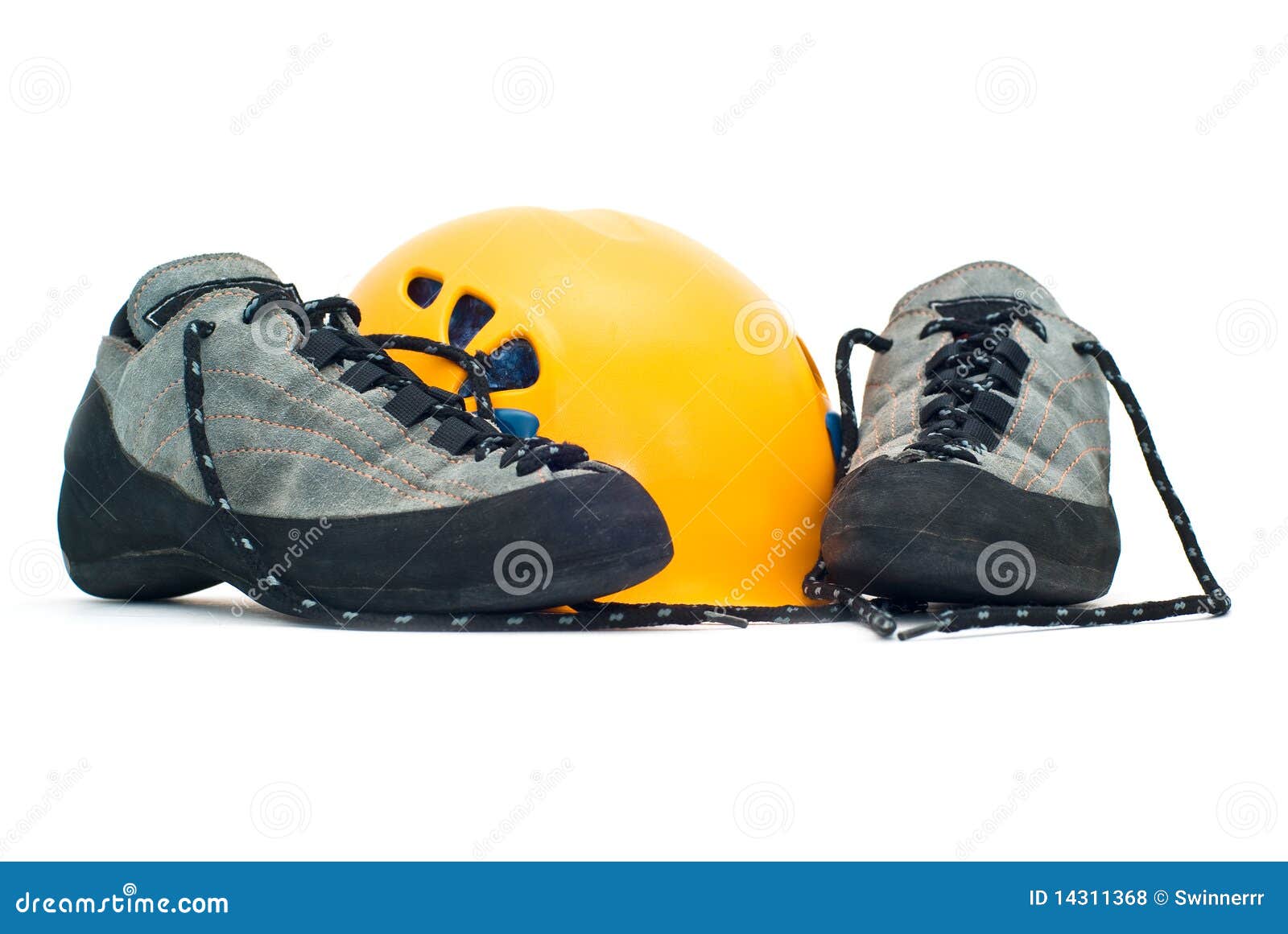 Climbing helmet and shoes stock photo. Image of lace 14311368