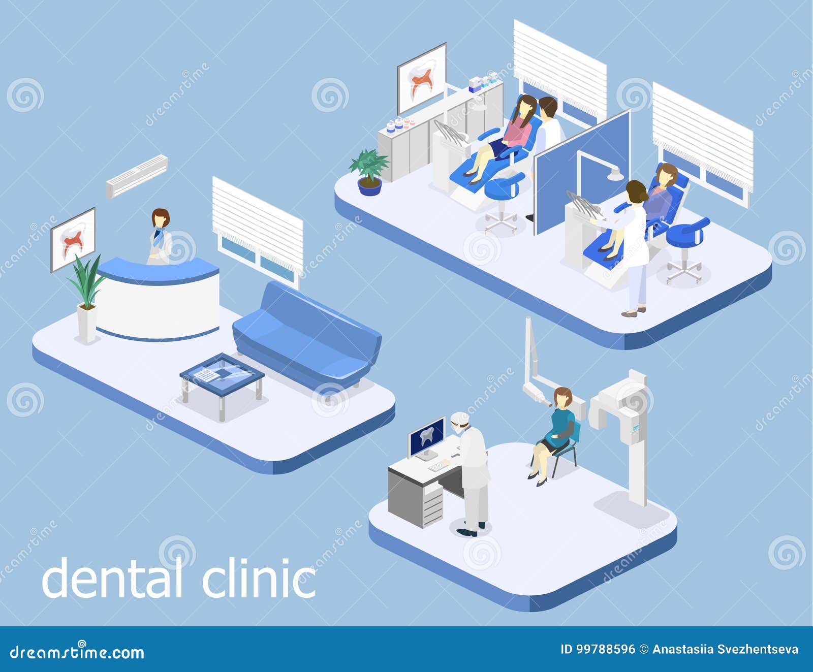 3D isométrique a isolé l'intérieur coupé de concept d'une salle d'attente d'art dentaire Clinique dentaire à plat intérieur du bureau du ` s de dentiste, radiologie orale