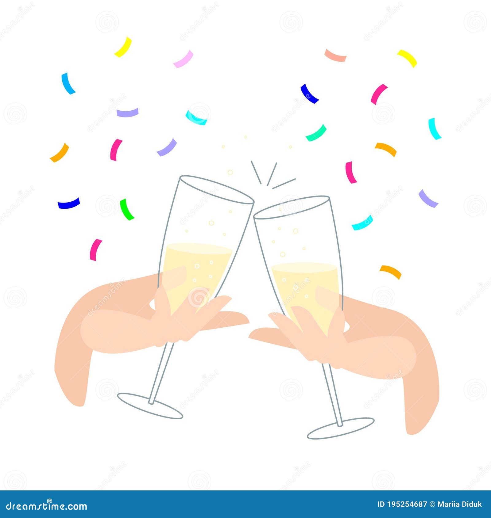 Clink Glasses With Champagne And Confetti Festive Feast With Alcoholic Drinks Female Hand