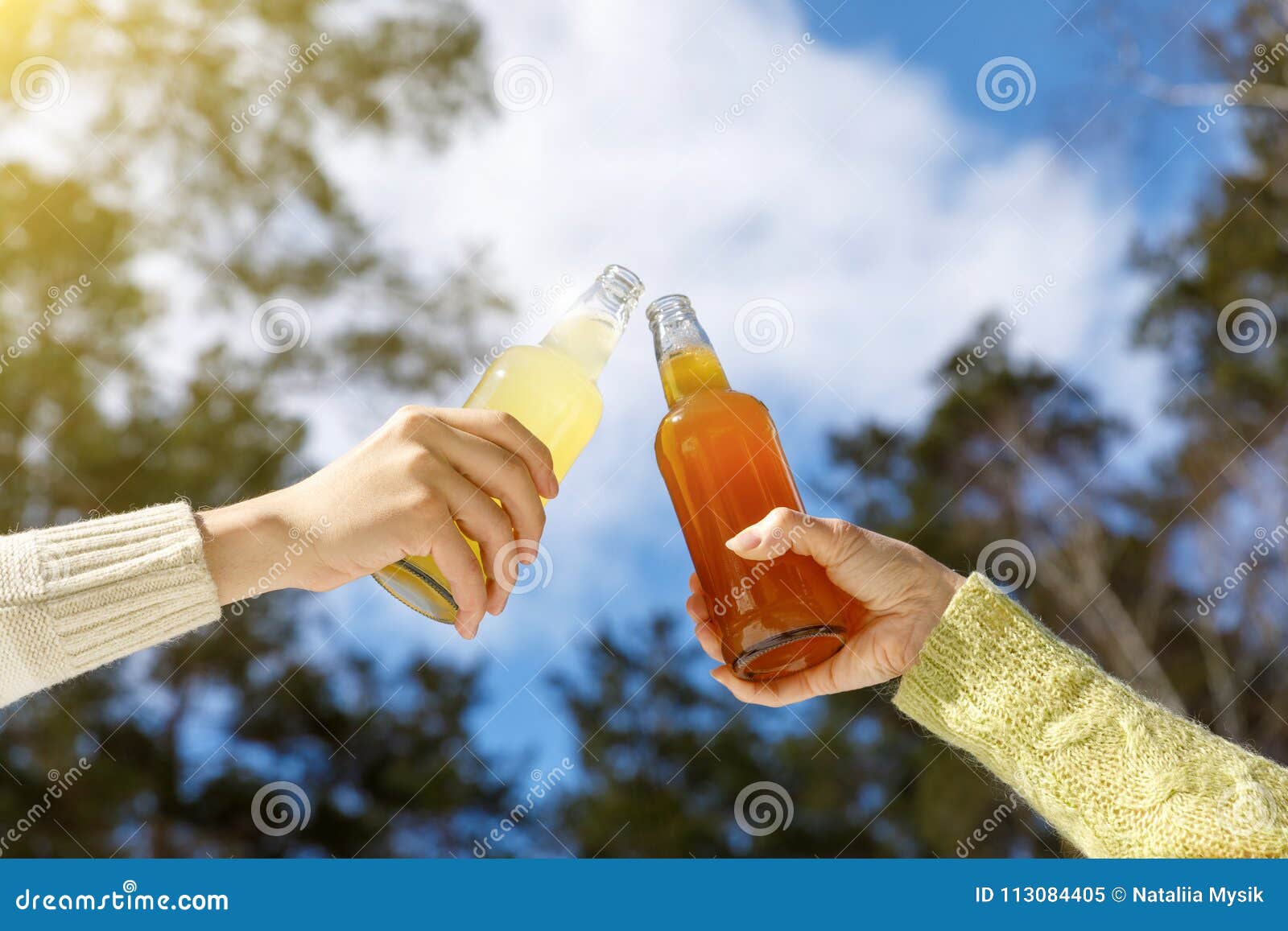 Clinking Beer bottles. stock image. Image of craft, foam 113084405