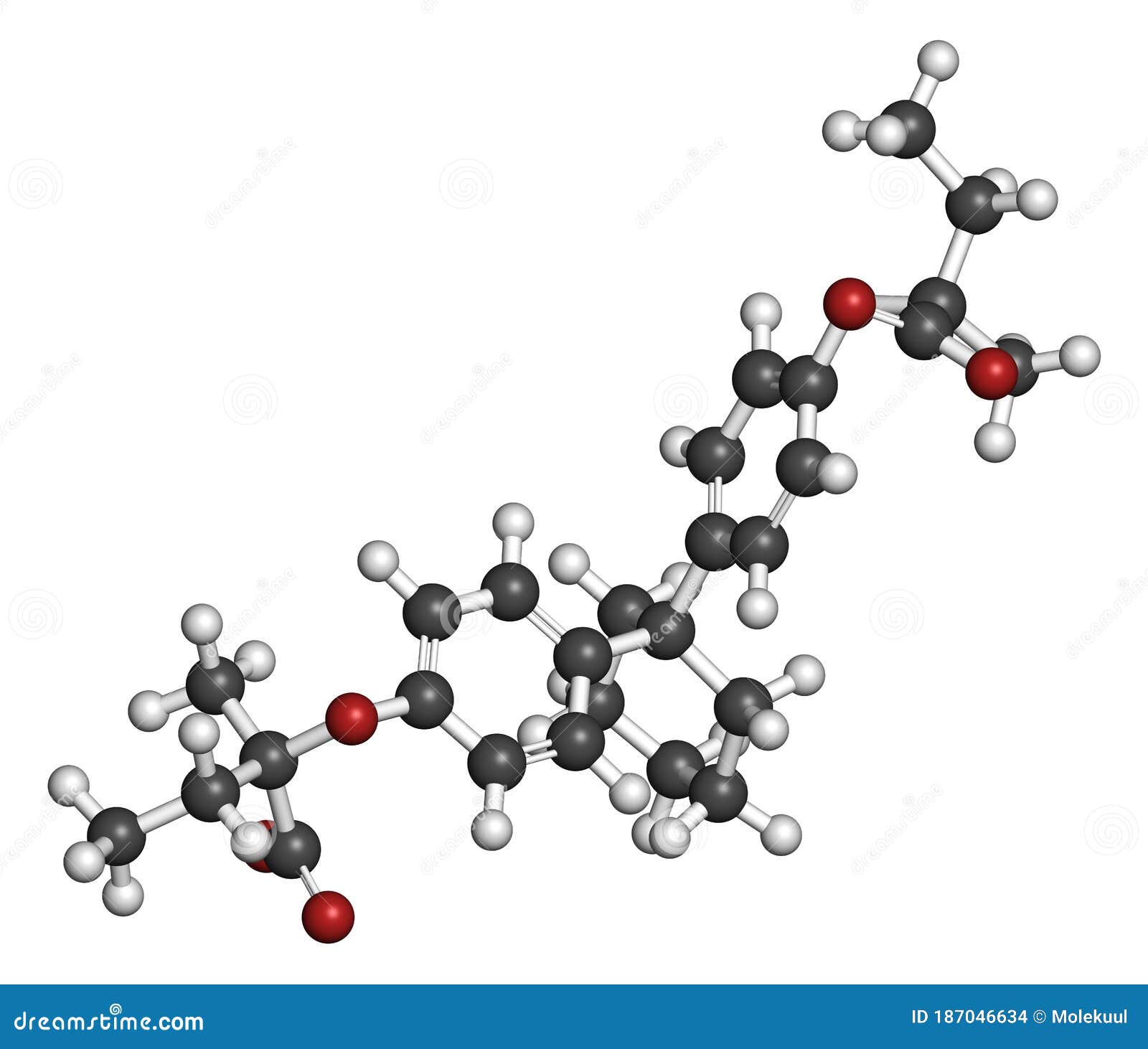 clinofibrate hyperlipidemia drug molecule (fibrate class). 3d rendering. atoms are represented as spheres with conventional color
