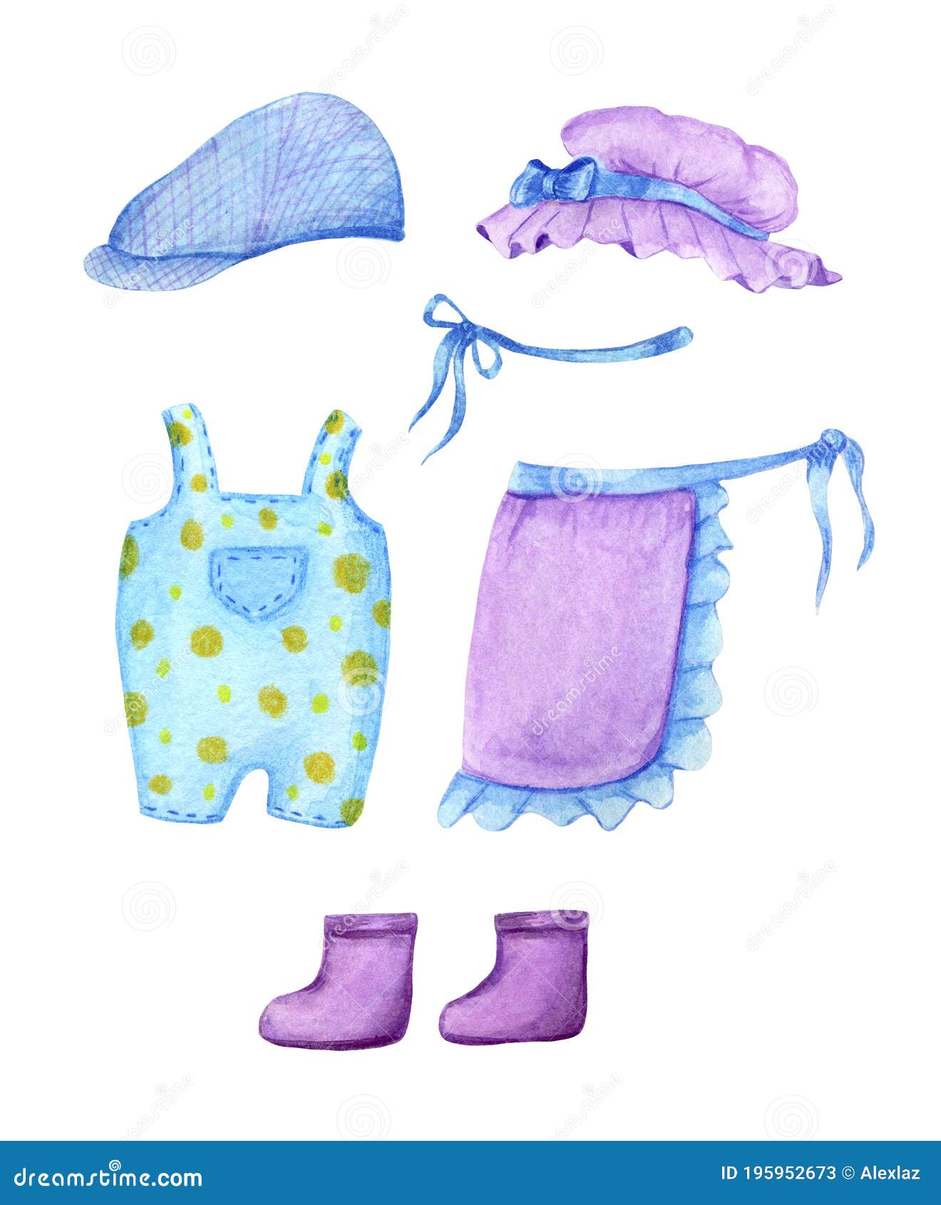 Clipart Garden Clothes in Watercolor in Lilac and Blue Colors. Stock ...