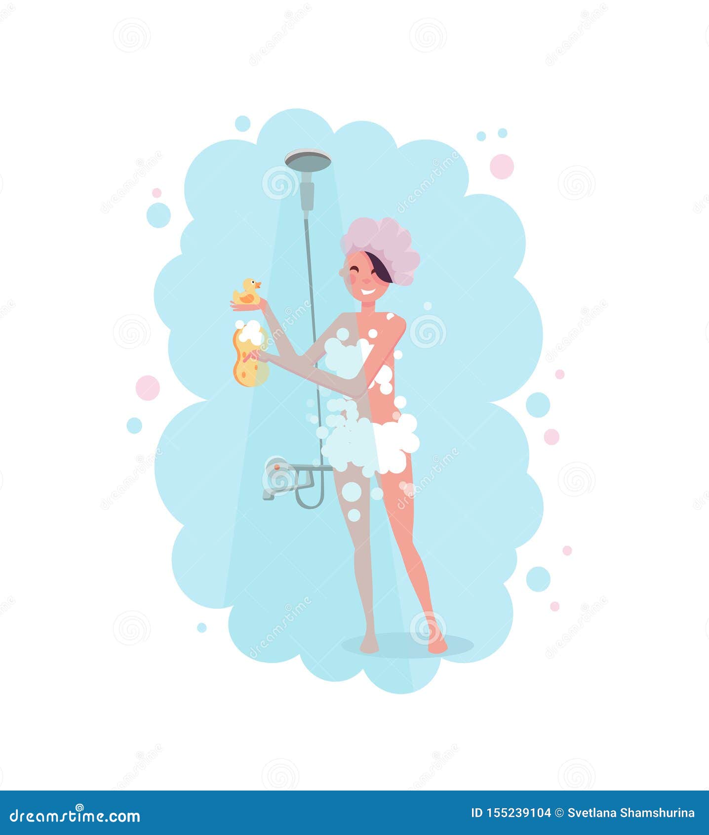 Clipart of a Happy Young Woman in Shower Cap Taking a Shower in Pink Steam  Isolated on White Background. Flat Cartoon Vector Stock Illustration -  Illustration of female, blue: 155239104