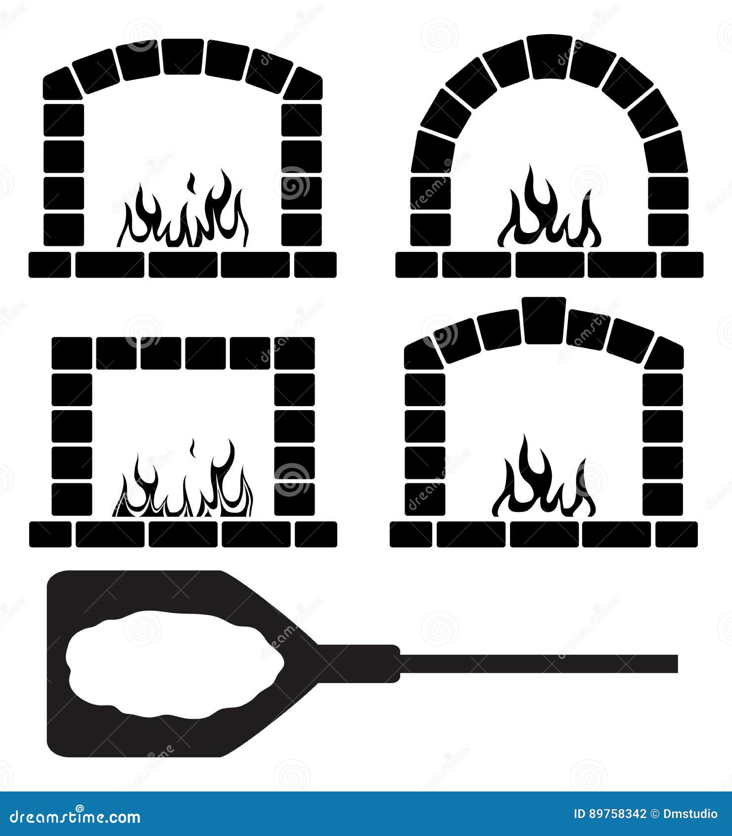 clipart set of ovens with burning fire and pizza, 