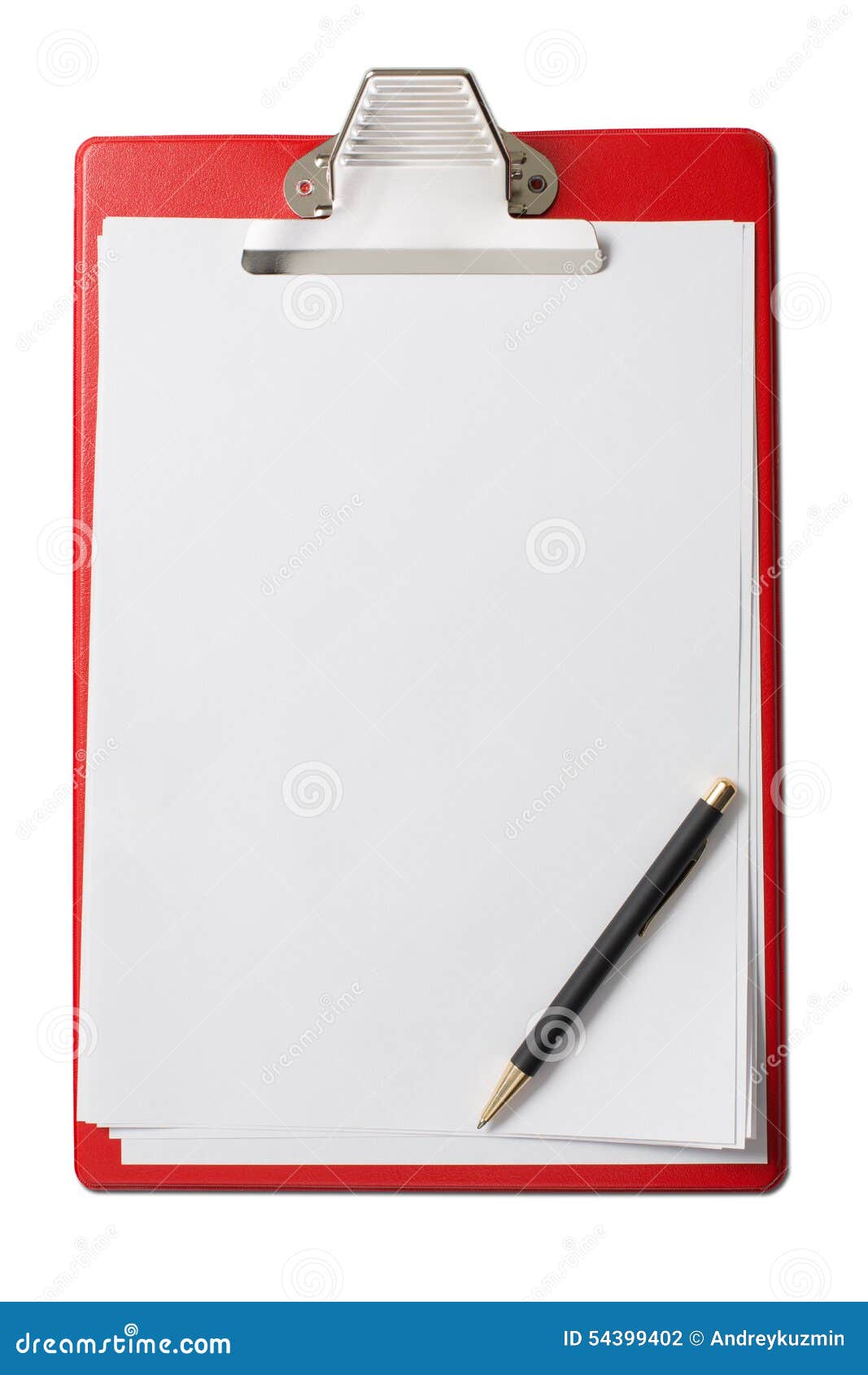 Clipboard with Blank Paper Sheets and Pen Isolated Stock Photo Image