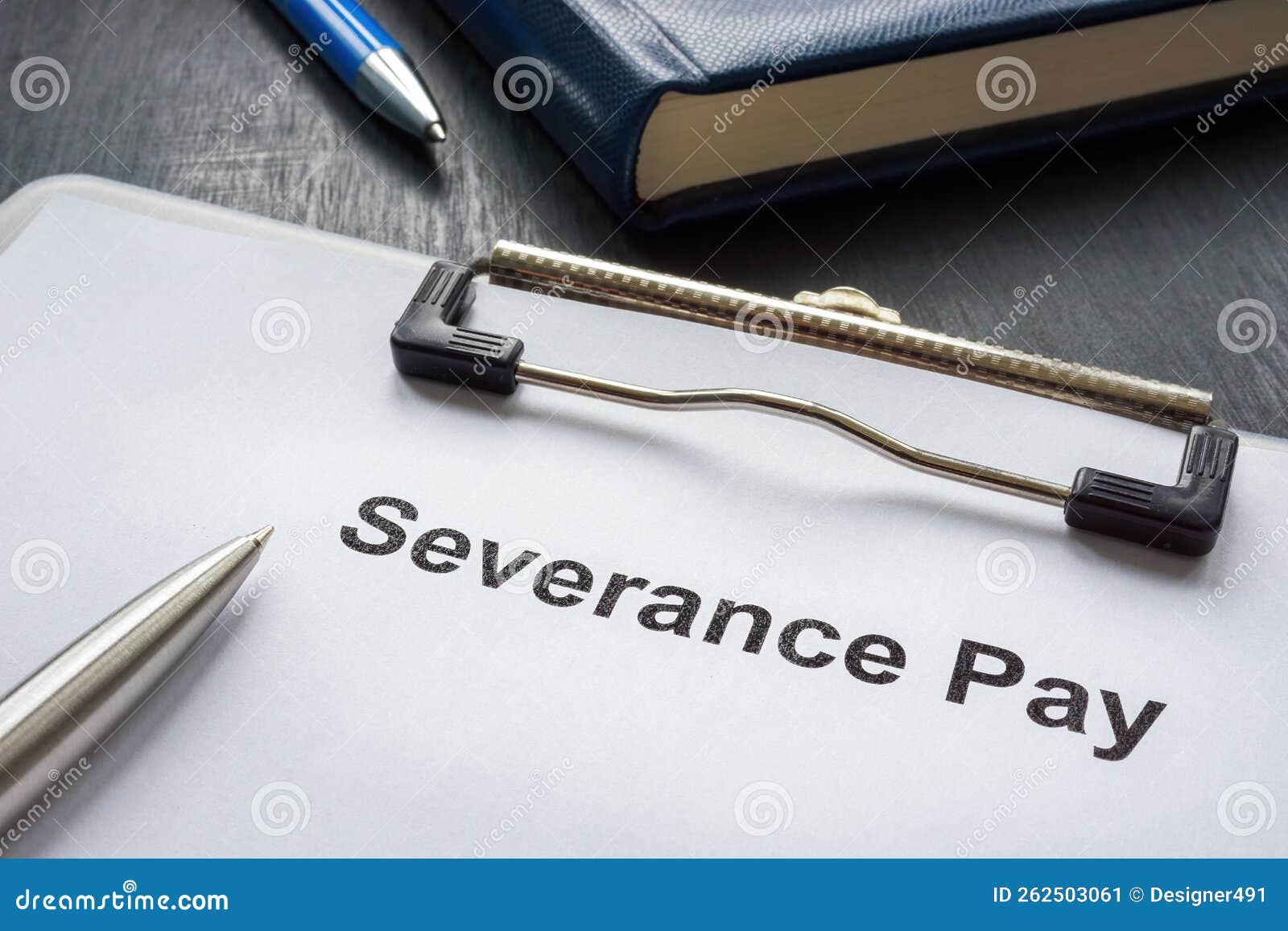 Clipboard with Documents about Severance Pay and Pen. Stock Image
