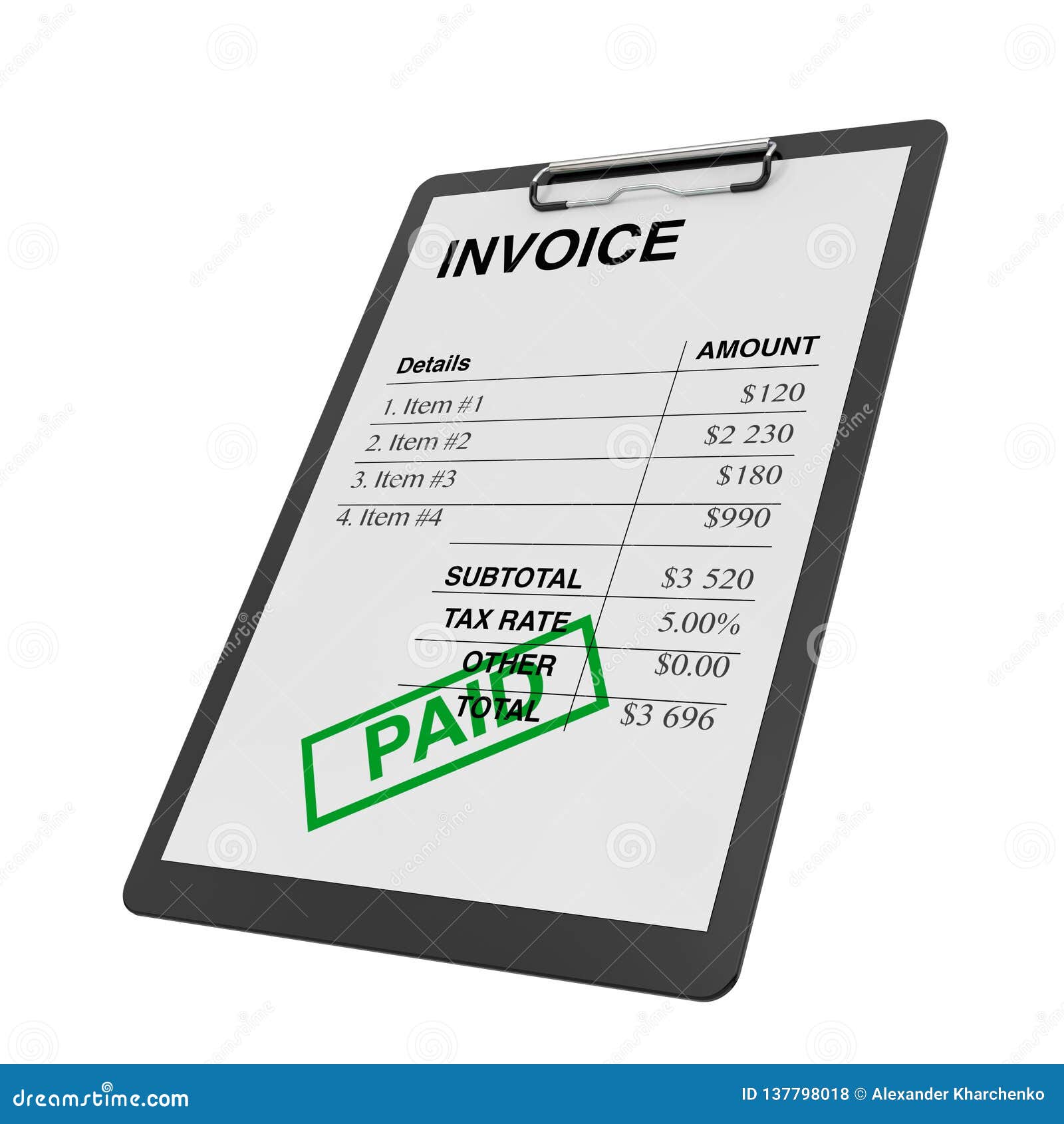clipboard with invoice template paper. 3d rendering