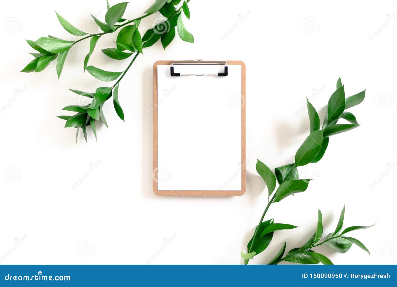 Clipboard Mockup with Border Frame Made of Ruscus Branches Stock Photo