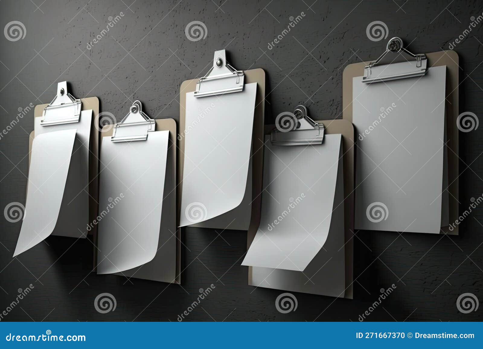 Clipboards Full of Blank White Paper Hung Against a Grey Wall Stock
