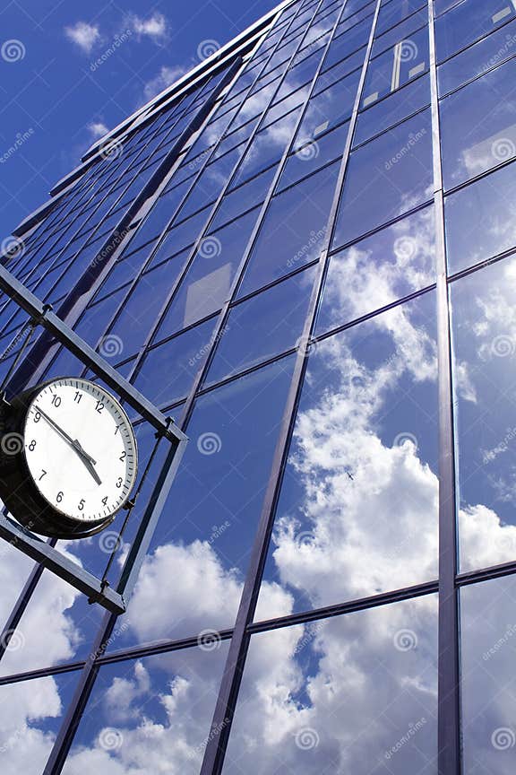 Clock on the Blue Office Building Background Stock Image Image of