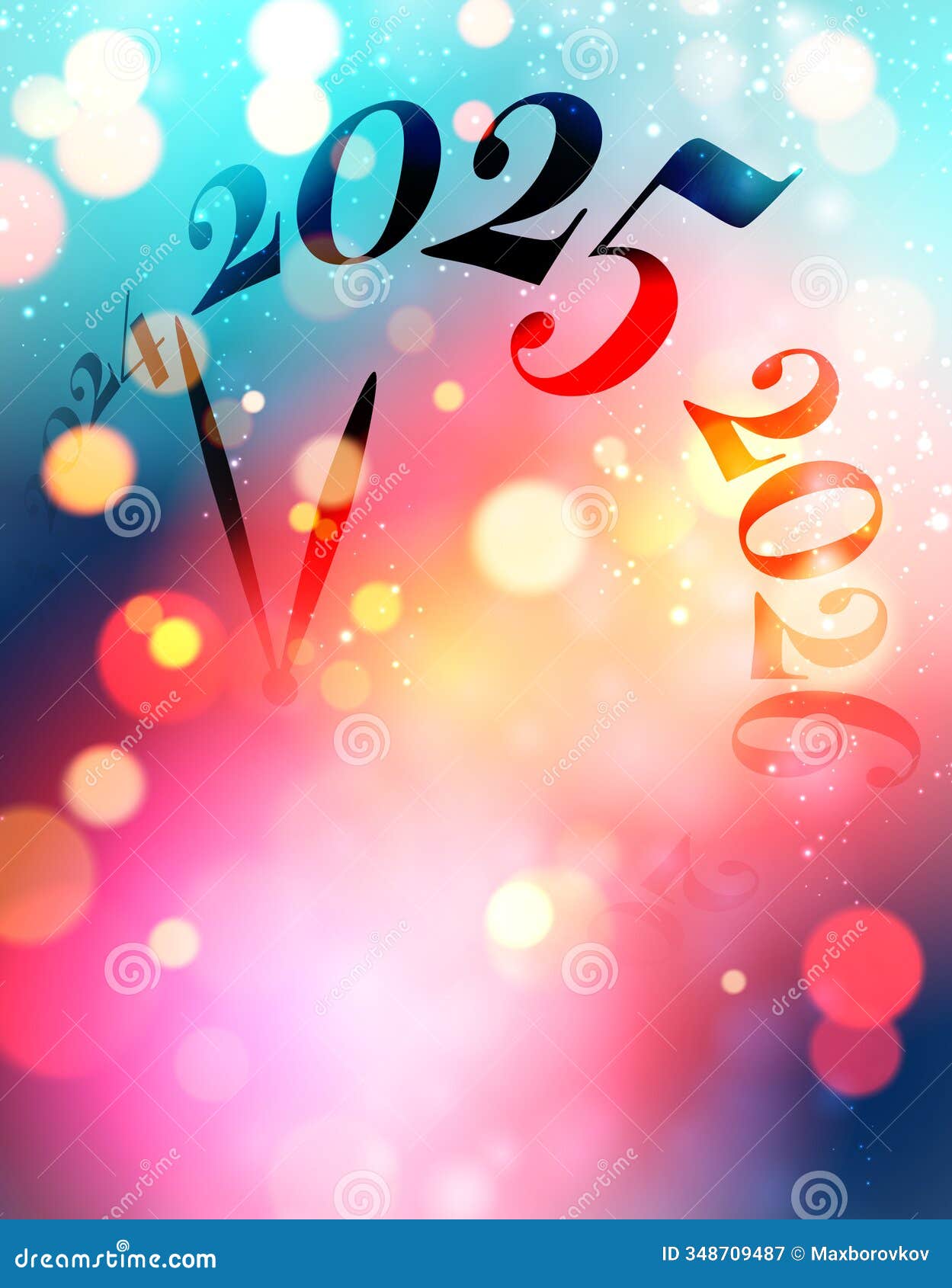 2025 clock countdown on vibrant bokeh background