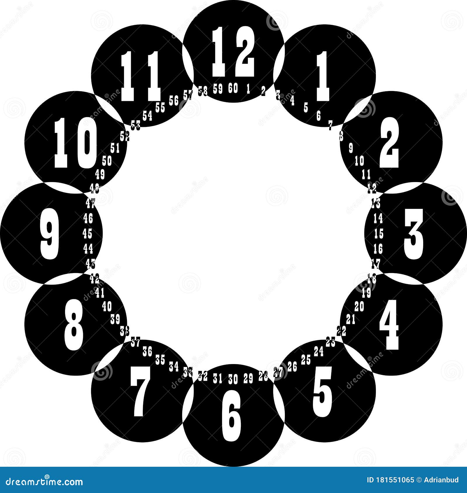 clock dial gigantesque negative space numbers hourly on black circle game intersected with small circle of seconds on transparent