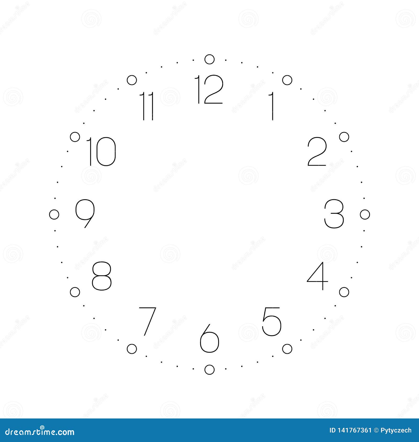 Clock Face. Hour Dial with Numbers. Dots Mark Minutes and Hours Stock