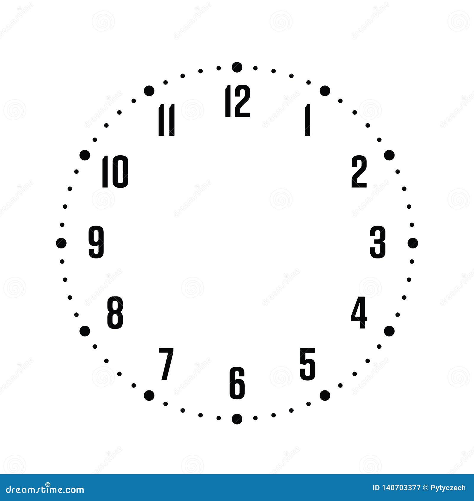 clock face. hour dial with numbers. dots mark minutes and hours. simple flat  