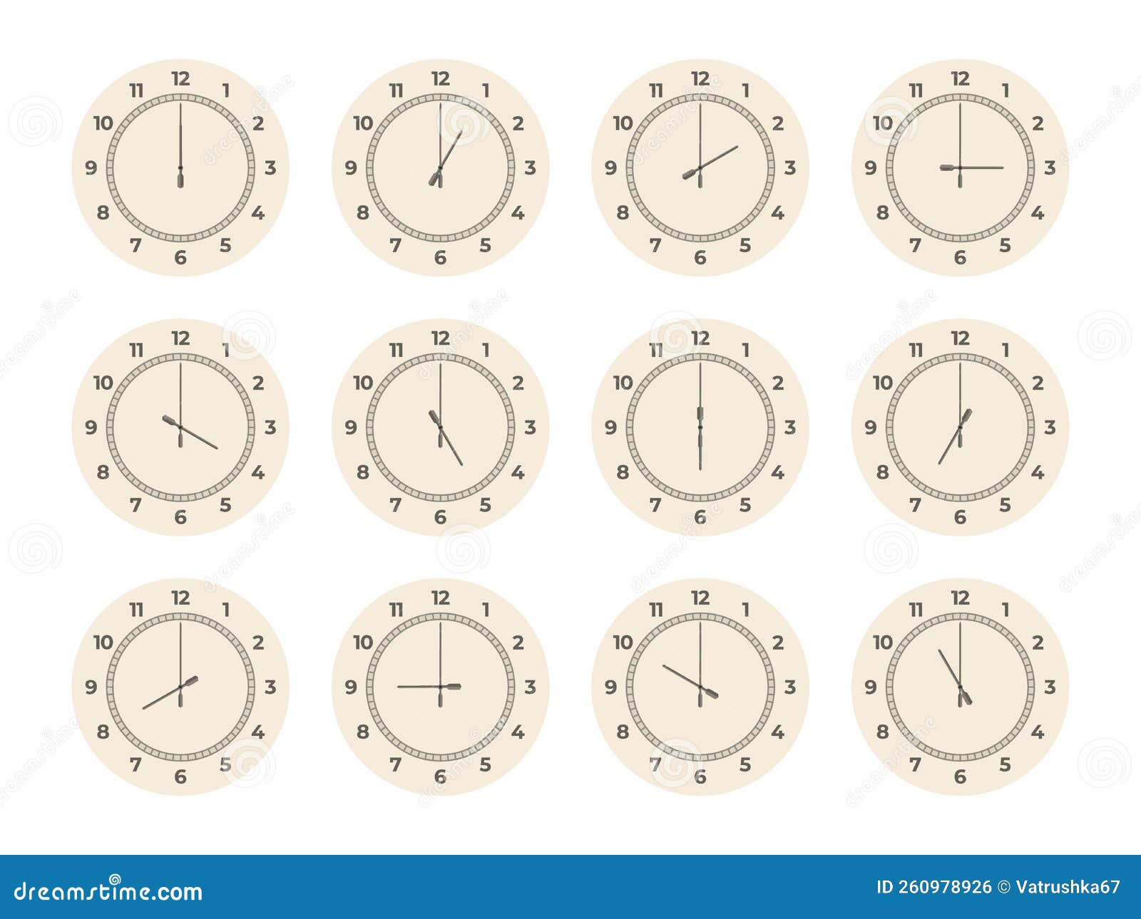 Clock Hours Set. Round Watch Faces with Arabic Roman Numbers, Twelve