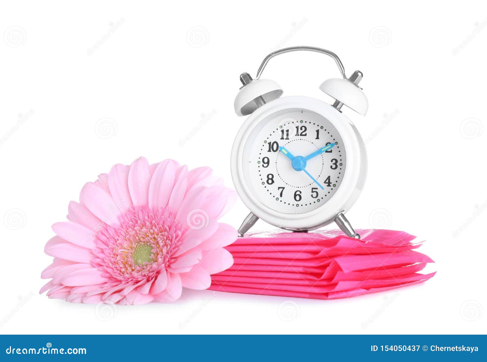 clock, menstrual pads and flower on white background. gynecology