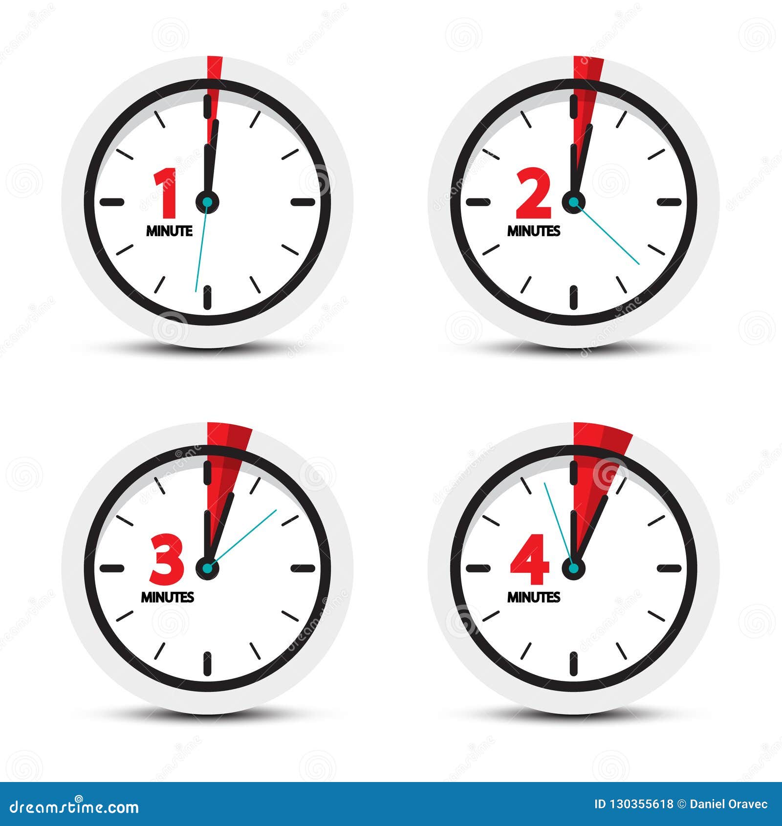 clock. 1, 2, 3, 4 minutes time icons.